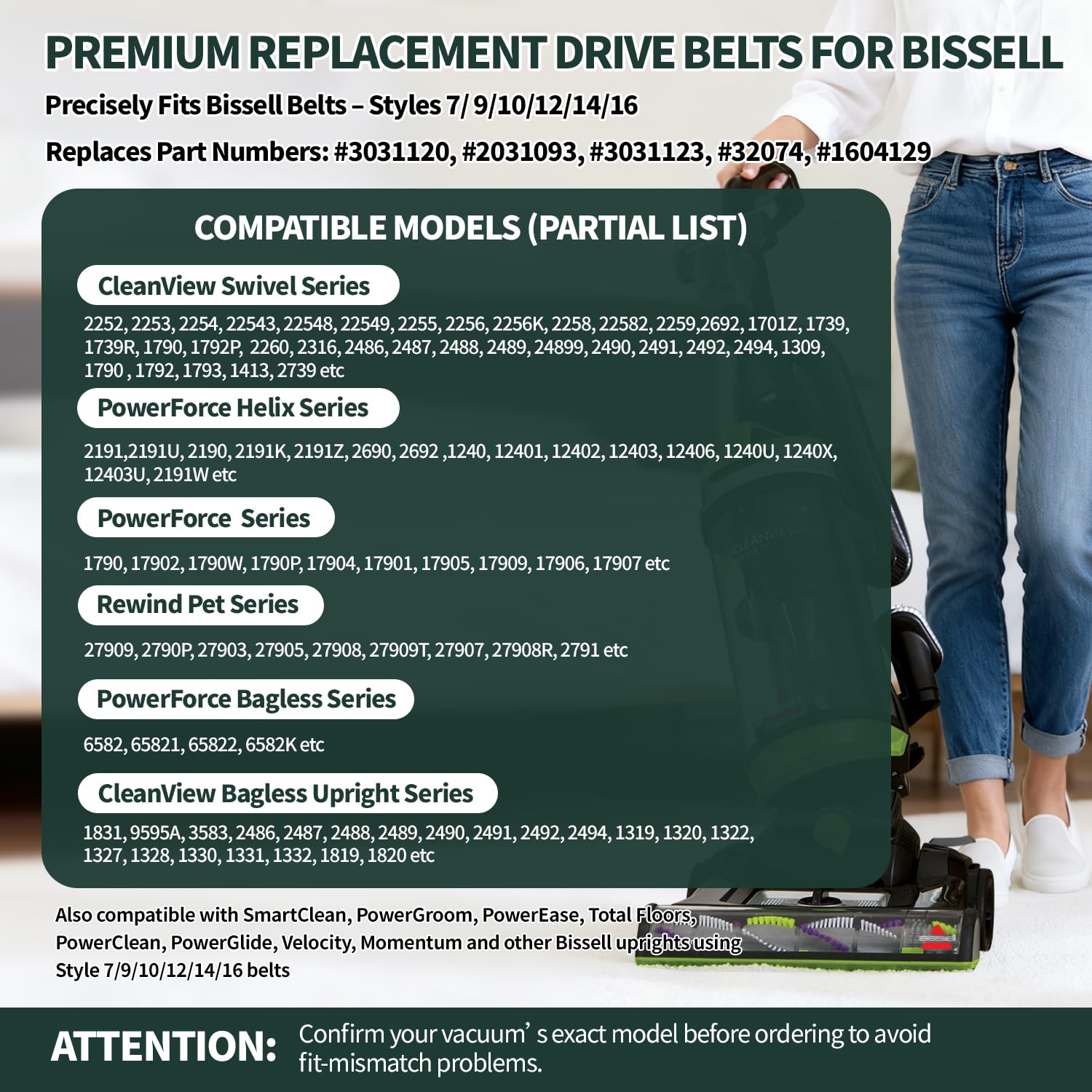 Style 7/9/10/12/14/16 P/N 3031120 Replacement Belts for Bissell,Vacuum Belts Fits PowerForce Helix Powerlifter CleanView Swivel Rewind Pet Vacuum Cleaner 2031093 32074 3031123 1604129, 2Pack