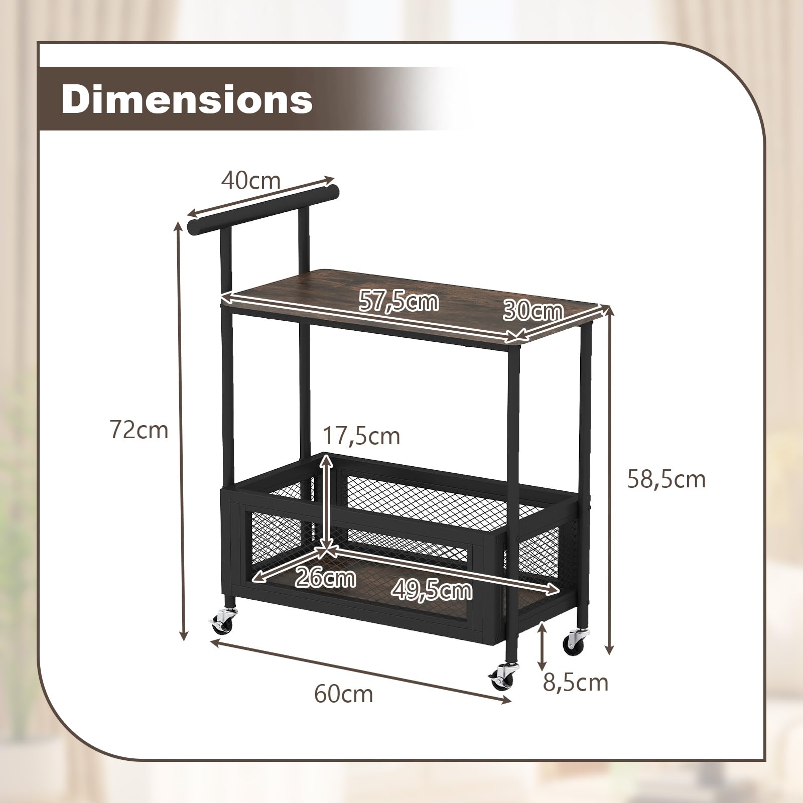 COSTWAY Chariot de Service en Métal avec Plateau en Bois, Desserte de Cuisine sur roulettes avec Rangement, Panier en Maille, Style Industriel pour Cuisine, Salon