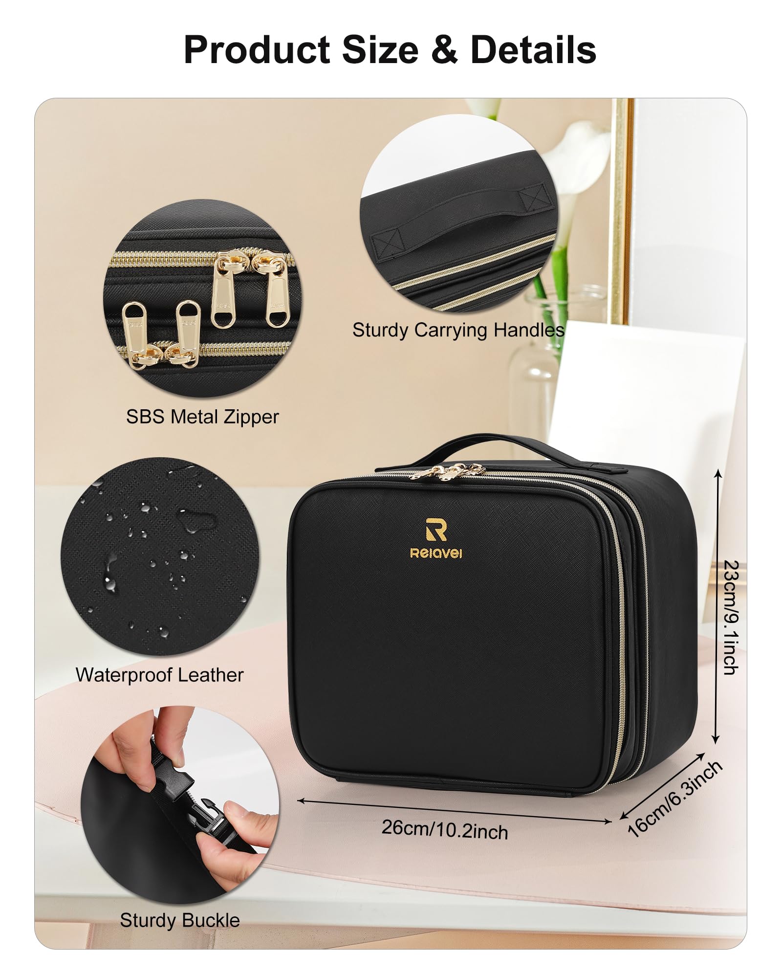 Relavel Beauty case con specchio a LED, piccola custodia da viaggio con specchio illuminato ricaricabile, 3 luci colorate, scatola cosmetica a doppio strato, organizer per pennelli da trucco, rossetto