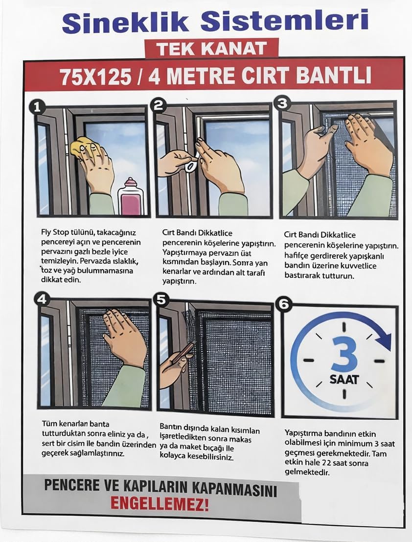 AKSU TEK KANAT PENCERE SİNEKLİK 75x125cm 4mt CIRT BANTLI