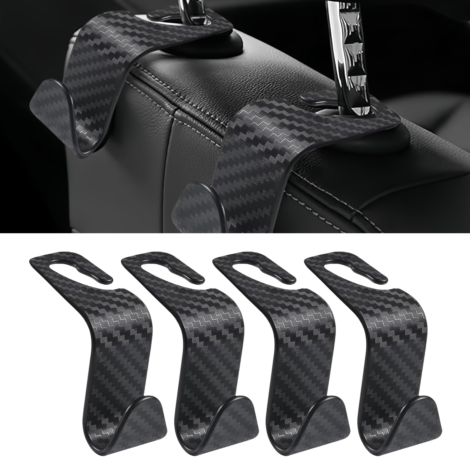 Vagcars Carbon Fibre 4Pcs Car Seat Headrest Hook,Auto Hooks,Multifunctional Car Purse Hook,Heavy Duty Auto Storage Hooks Back Seat Headrest Hanger,Universal For All Vehicles Handbag Clothes Coats (Carbon Fibre)