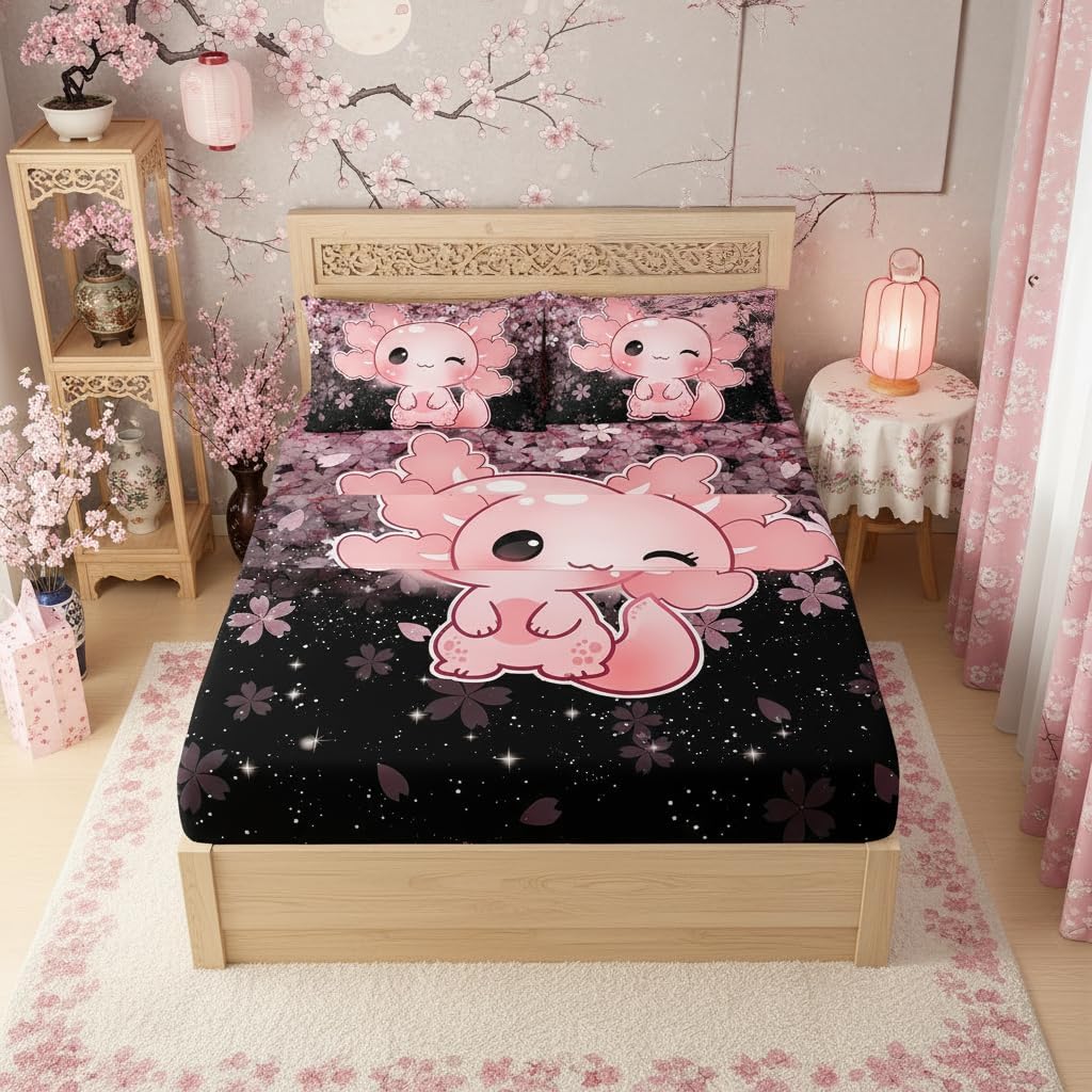 QOOMO Kawaii Axolotl Bedding for Boys and Girls Pink Queen Size image 2