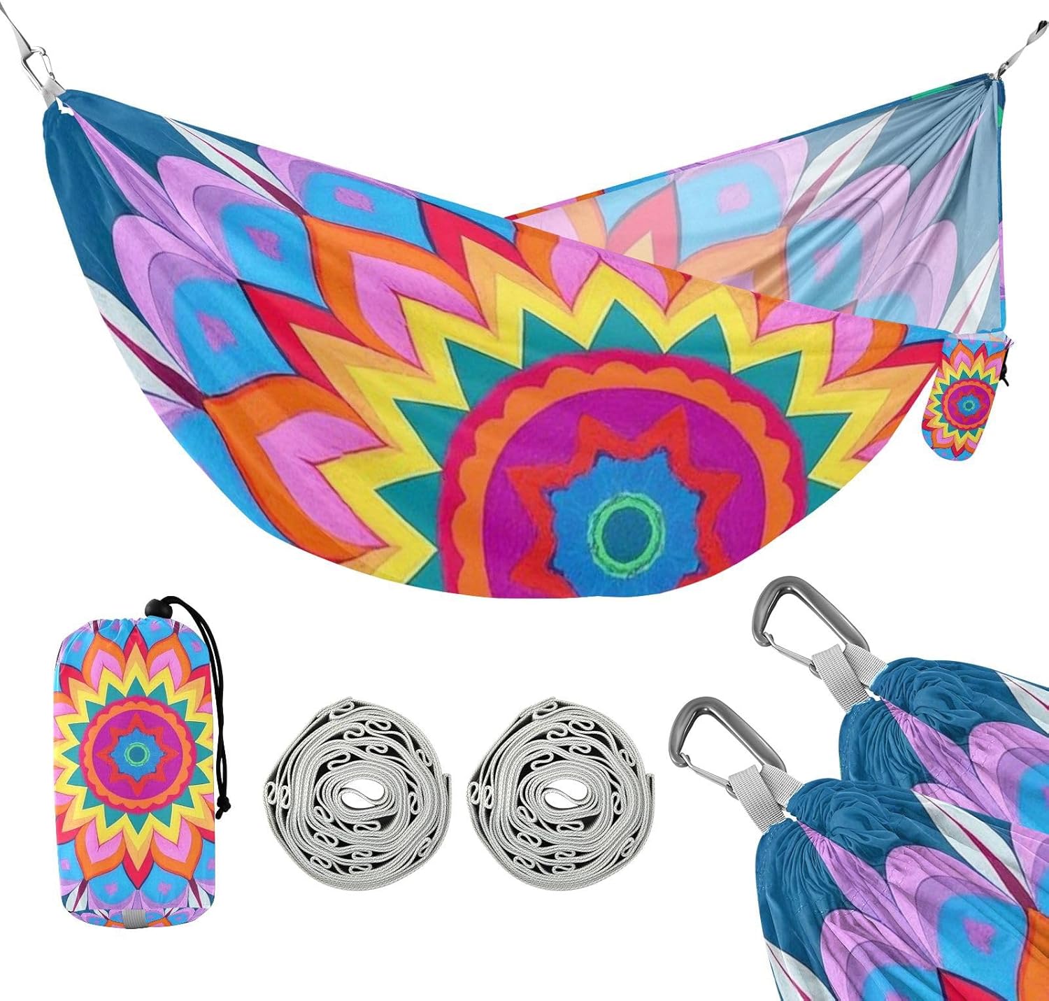 Mandala Floral Colorful Cyan Camping Hammock Rope Hammock for Indoor Outdoor Patio