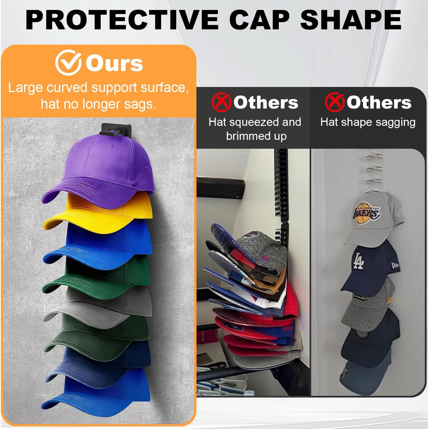 2 Pack Hat Organizer for Baseball Caps, Hat Rack for Wall, Strong Adhesive & Screw-in Cap Holder Hats Hangers for Closet Door & Bedroom