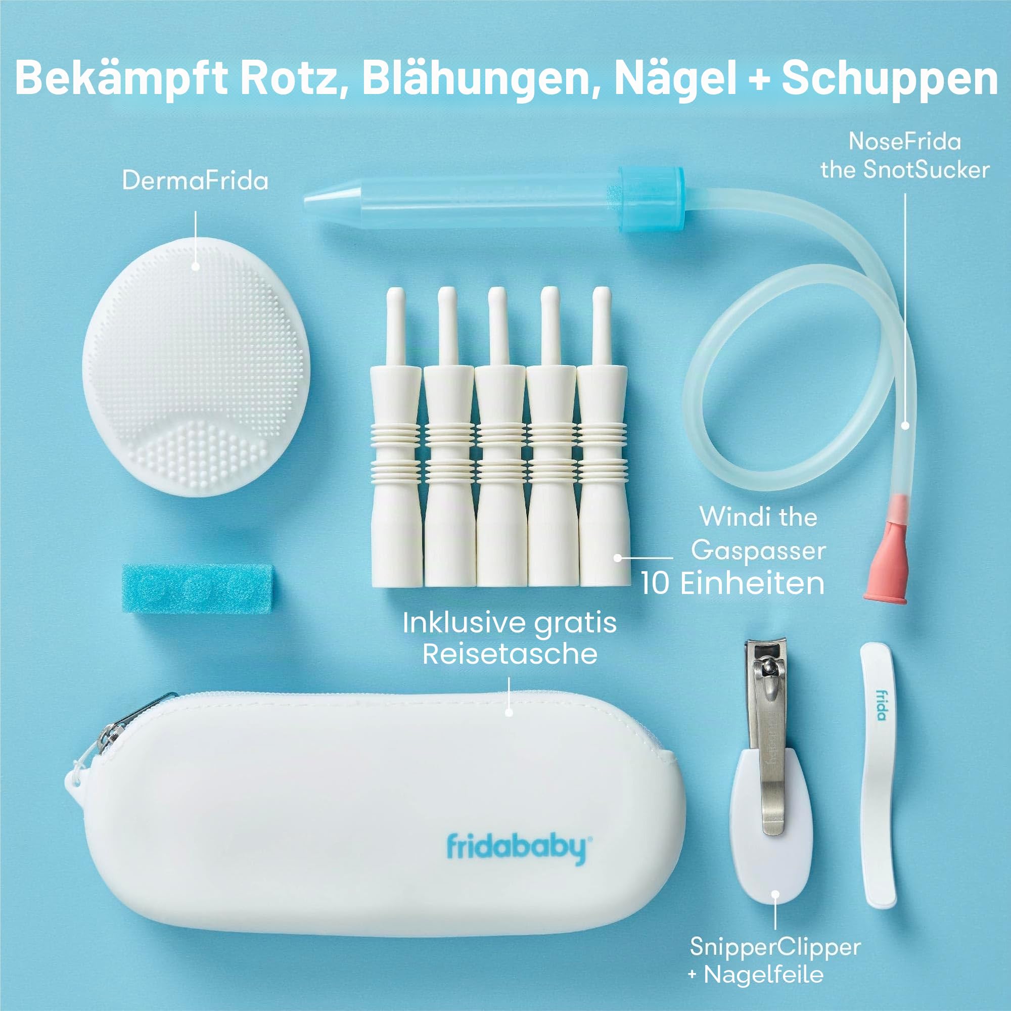 Baby Basics Kit von FridaBaby | inkl. NoseFrida, NailFrida, Windi, DermaFrida + Silikon-Tragetasche