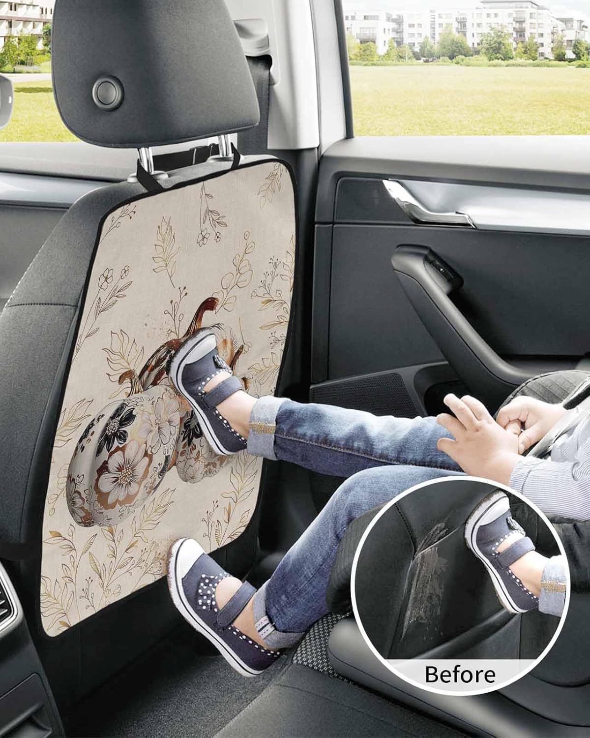 Car Seat Protector, 2 Pack Kick Mats Back Seat Protector Fall Thanksgiving Pumpkin with Floral Golden Botanical Leaves Linen Waterproof Backseat Cover for Universal Fit Automotive Interior Protectors
