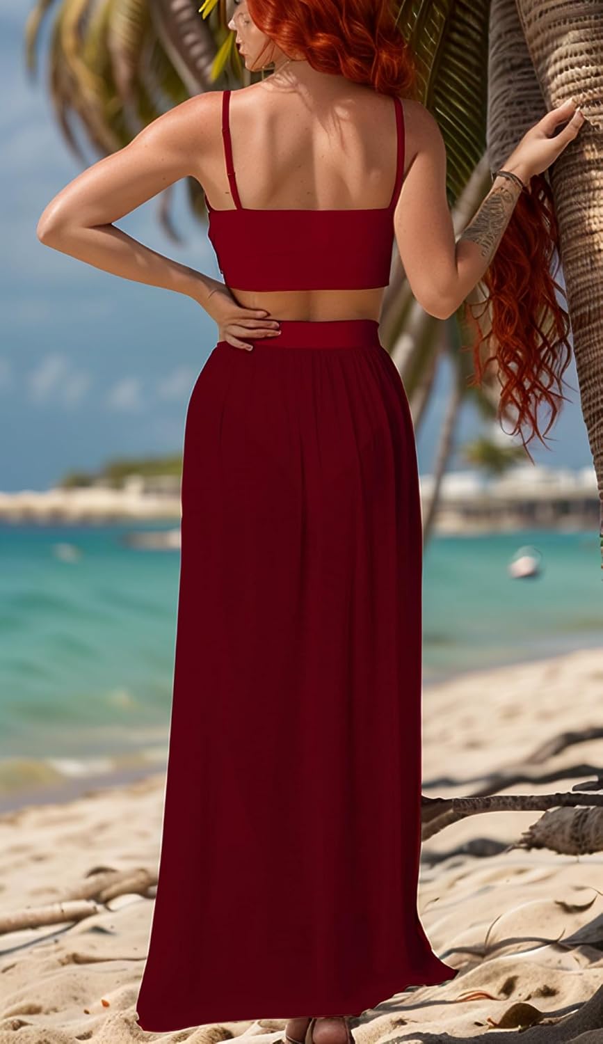 Women Sexy 2 Piece Outfits Dress Chiffon Strap Deep V Neck Bra Crop Top High Split Maxi Dresses Skirt Set - Image 2