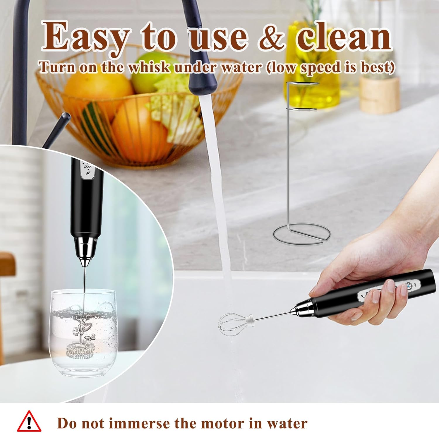 Rechargeable Milk Frother Handheld with Stand, Electric Foam Maker Coffee Frother Wand, Detachable With 3 Stainless Whisks, Drink Mixer for Lattes, Cappuccino, Matcha, Egg, Black