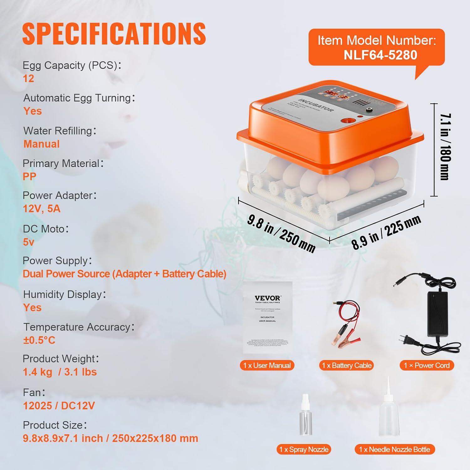 VEVOR NLF64-5280 Incubator specifications diagram
