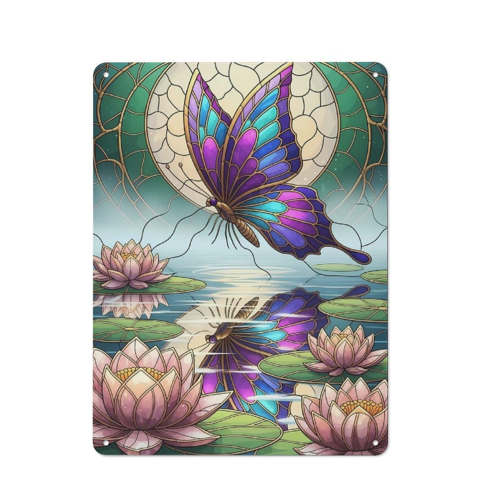 Junmoney Style-17 Butterfly And Lotus Flowers Stained Glass Rustic Metal Plaque 40X30cm For Living Room Or Hallway, For Garage, Workshop And Man Cave Decoration