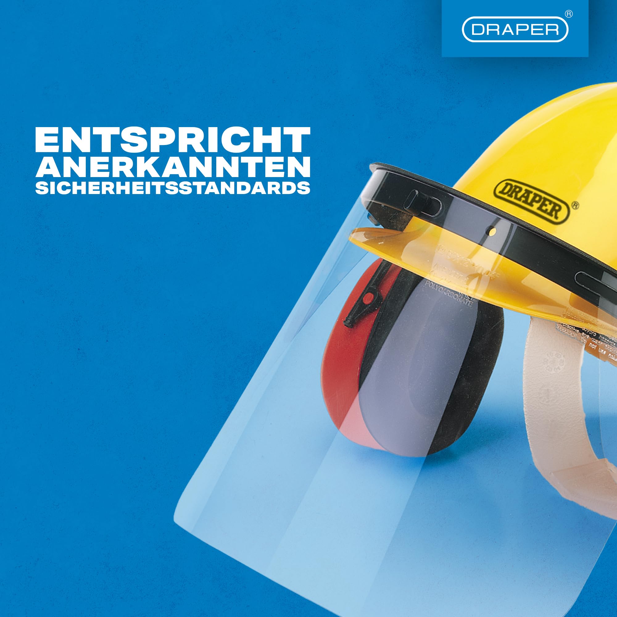 Draper Tools Schutzhelm mit Ohrenschützern und Gesichtsschutz, verstellbarer Forstschutzhelm mit Polycarbonat-Visier, entspricht Sicherheitsstandards, ideal für Forstwirtschaft und Landschaftspflege