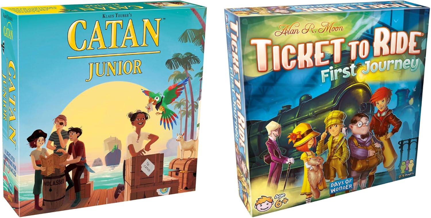 CATAN Junior & Ticket to Ride First Journey Board Game Bundle - Fun Strategy Games for Kids, Ages 6+, 2-4 Players, Family-Friendly Adventure