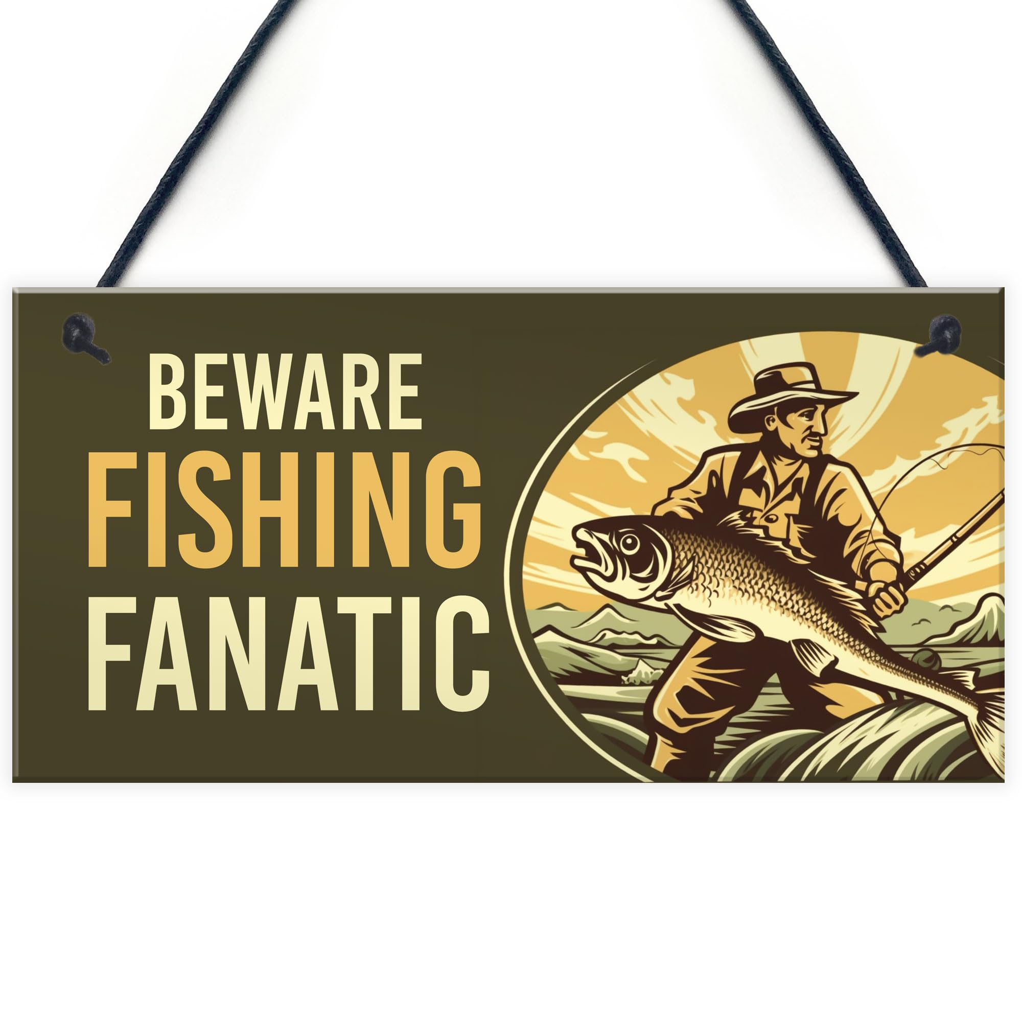 Red Ocean Beware Fishing Finatic Sign - Funny Fishing Sign Gifts For Men - Novelty Fisherman Gifts For Dad Grandad Son Brother - Fishing Accessories Signs
