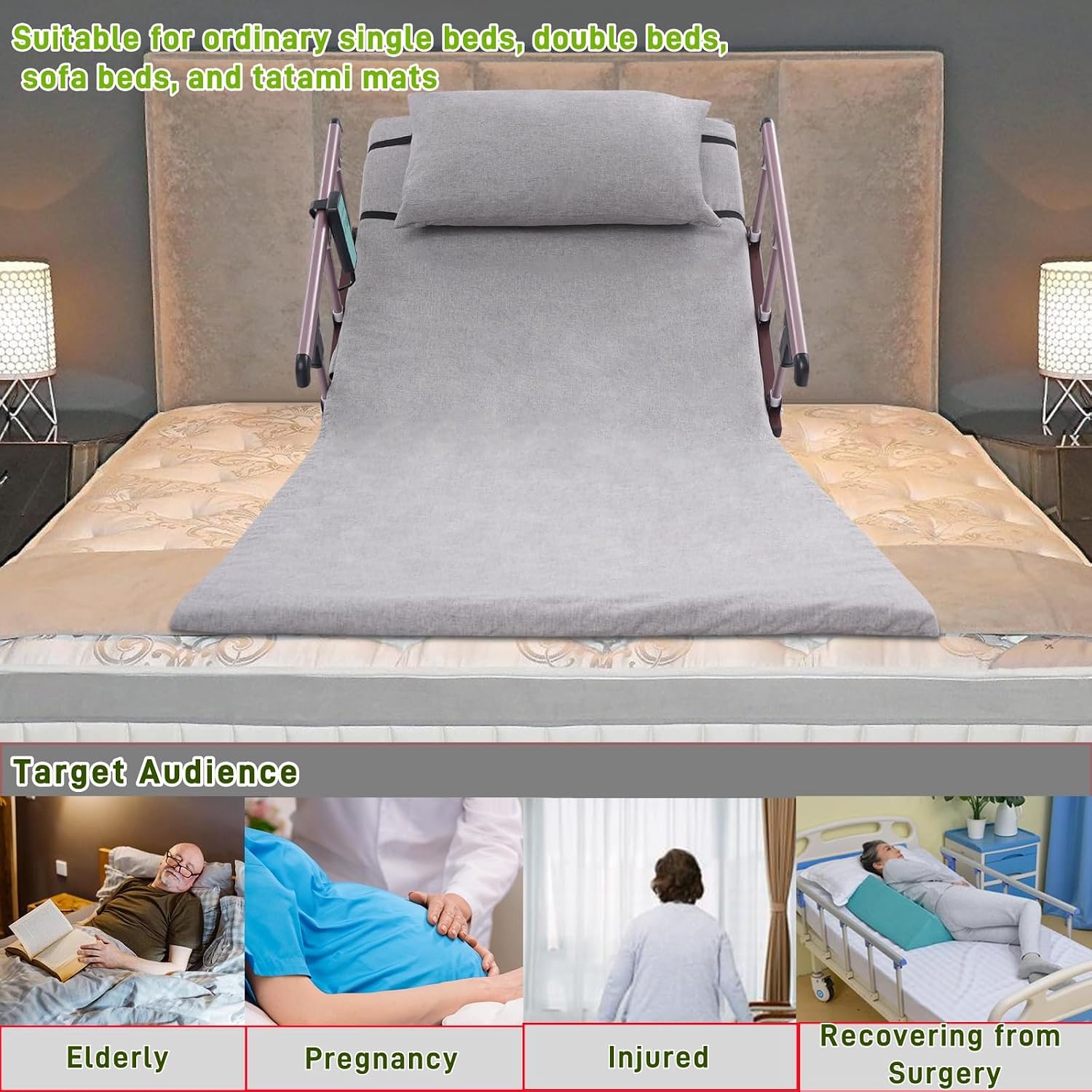 Electric Lifting Backrest 2-80° Adjustable Bed Back Rest with Folding Armrests, 74.8" L Electric Auxiliary Backrest for Elderly Pregnant Women Back Lumbar Support, 660lbs Capacity, Gray