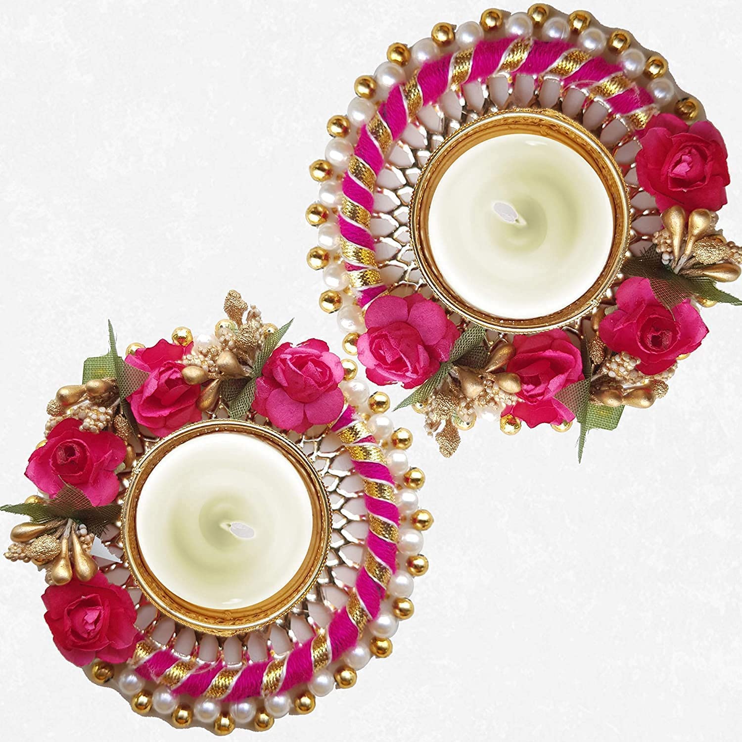 bhumiyaanTraditional Decorative Plastic Metallic Diwali Diya for Home Decoration, Puja Articles Decor (Pink)