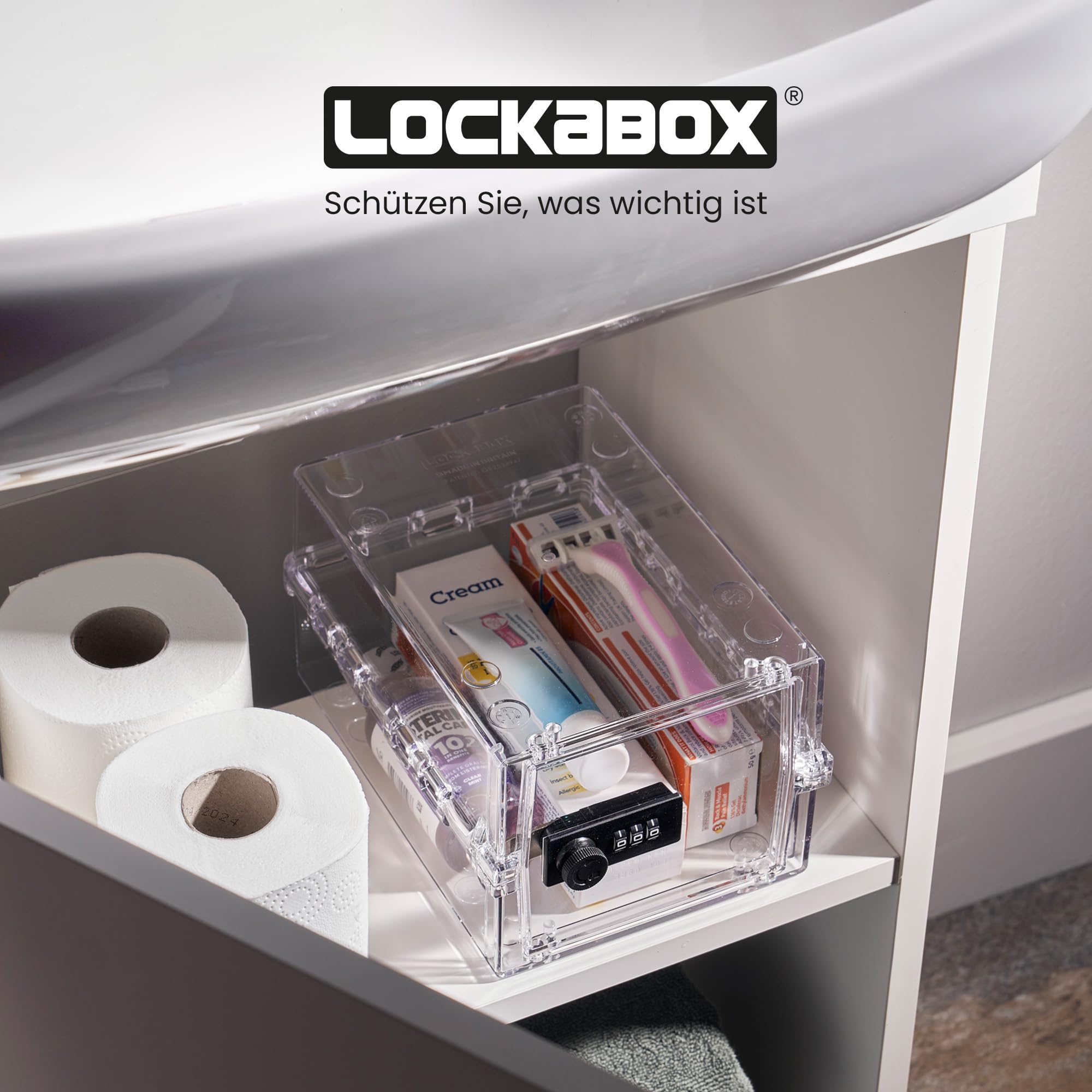 Lockabox Mini™ | Kleine abschließbare Box mit Zahlenschloss (A5-Größe) | Mini-Aufbewahrungsbox für kleine Medikamente, Snacks & Mobiltelefone | Außenmaße 22,3 x 15,4 x 12 cm (Kristall)