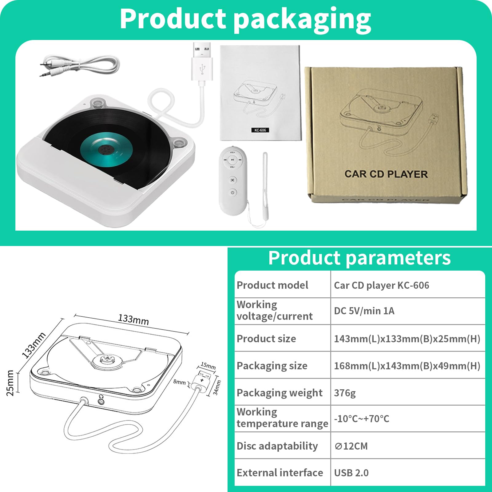 samochodowy odtwarzacz CD z portem USB/AUX, zewnętrzny, uniwersalny odtwarzacz CD z pilotem zdalnego sterowania, do samochodów osobowych, ciężarowych, laptopów, komputerów, telewizorów, napędu