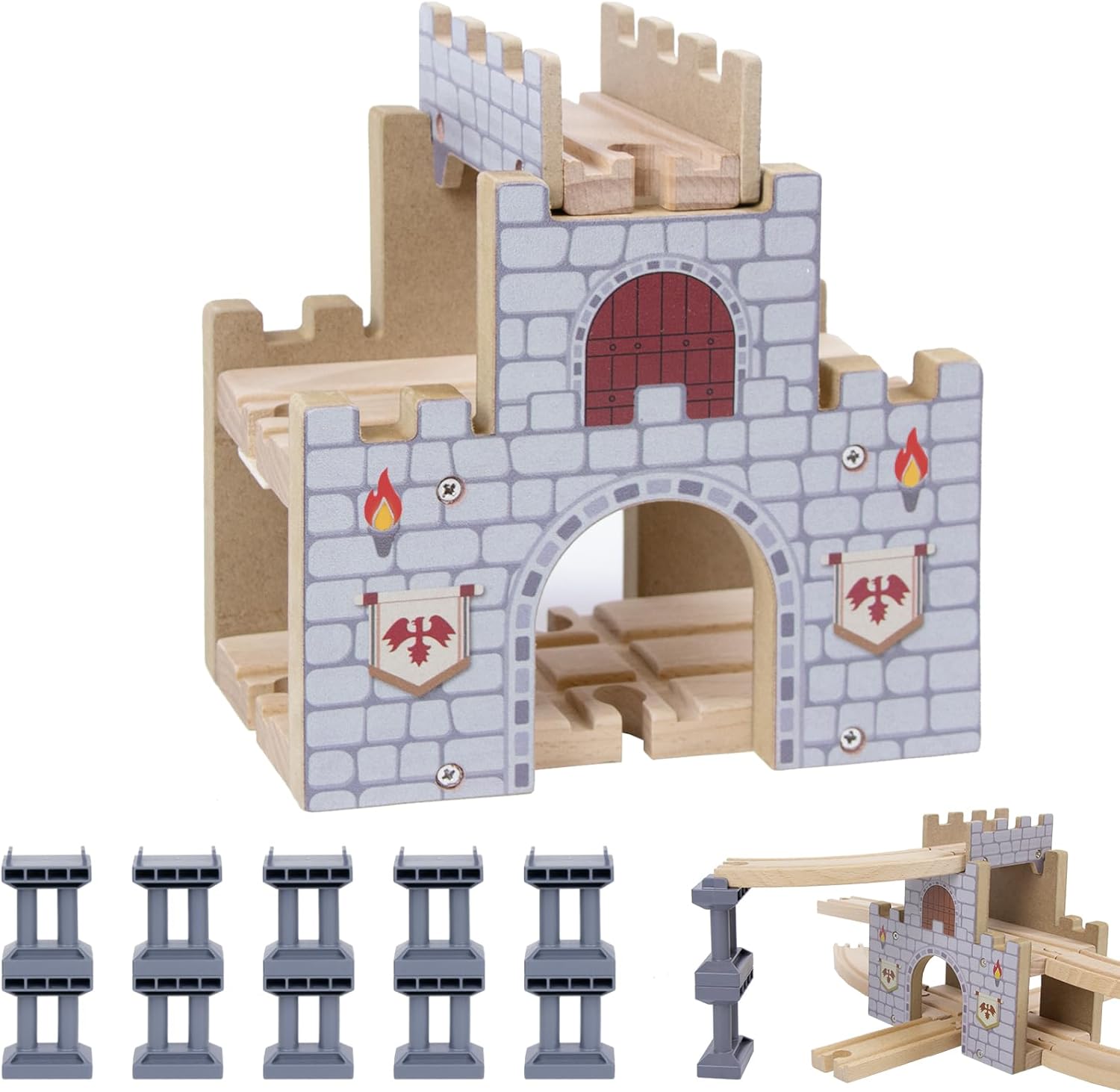 3-Tier Castle Tunnel for Wooden Train, Wooden Railway Accessories with 10 Bridge Pillars, Compatible with Leading Railway Brands, Toy Railway for Children from 3 Years