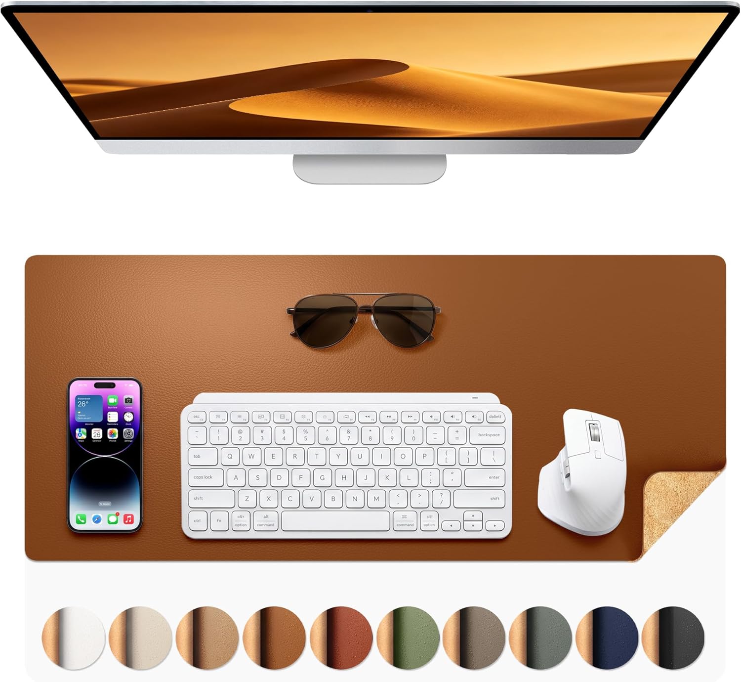 Aothia Double-Sided Desk Pad, Leather Desk Mat, Eco Cork Desk Pad Protector, Large Mouse Pad, Waterproof Desk Blotter Protector for Office/Home (25.6"x13.7", Brown)