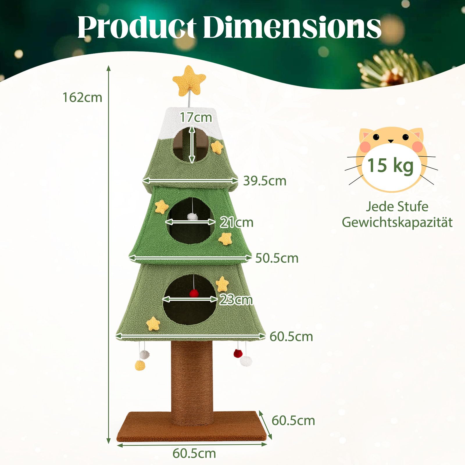 GYMAX 162 cm Kratzbaum Weihnachten, mehrstöckiger Katzenbaum mit oberem Stern, 3 Kuschelhöhlen, Sisal-Kratzmatte & hängendes Spielzeug, 3-stöckiges Katzenmöbel für Kätzchen