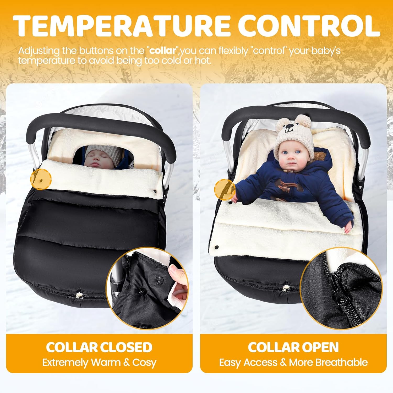 Orzbow Car Seat Covers for Babies Winter, Universal Baby Car Seat Cover with Adjustable Collar, Waterproof Carseat Cover with Zipper, Warm Coral Fleece, Detachable and Machine Washable, Black - Image 2