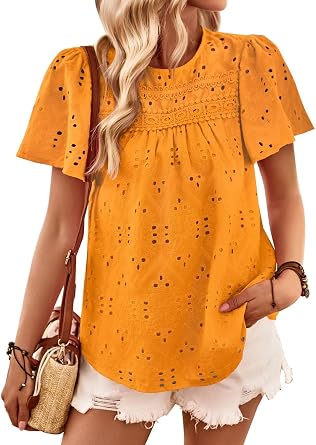 Falechay Womens Summer Tops Boho Short Sleeve Crew Neck Blouses for Women Dressy Casual Babydoll Cute Flowy Preppy Shirts