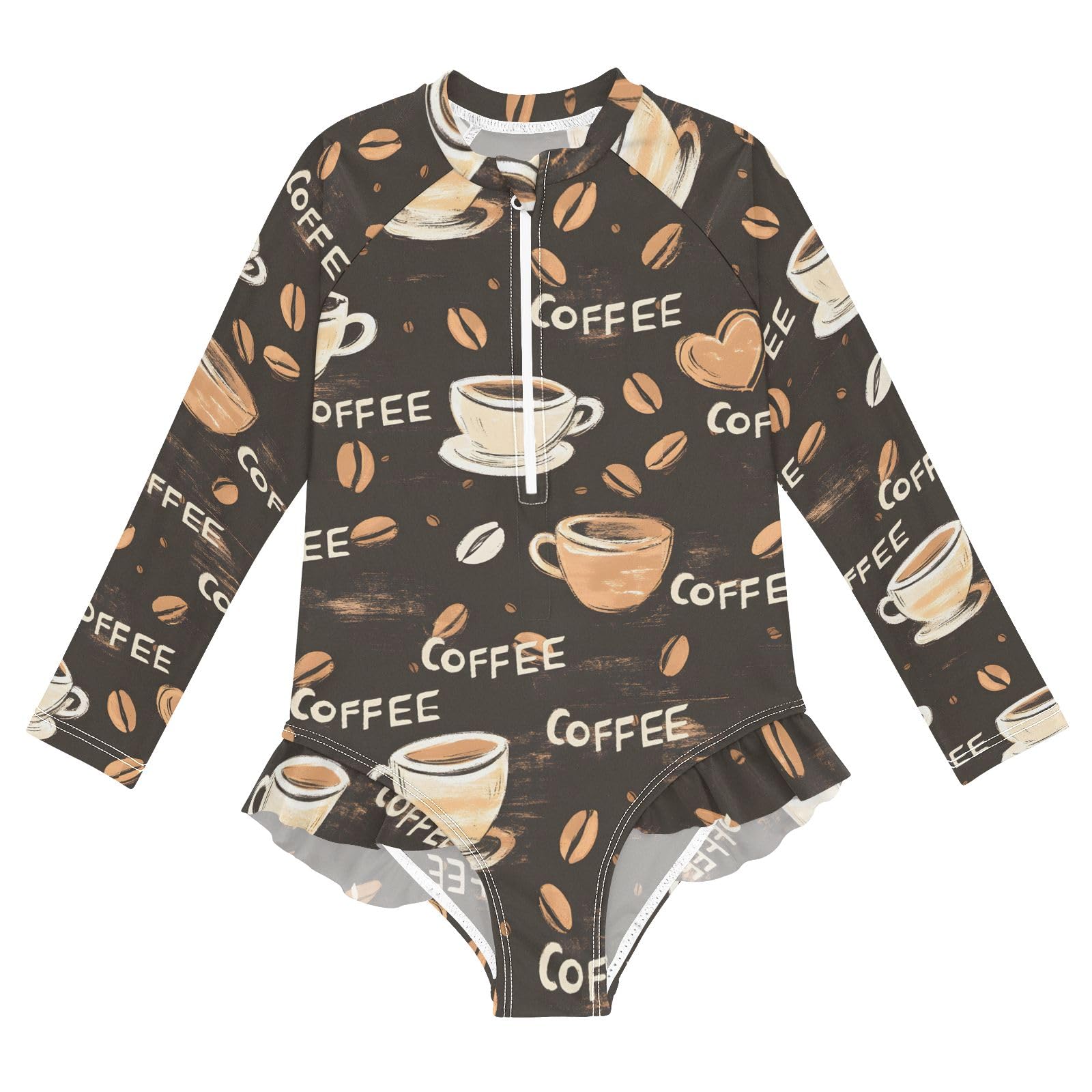 ALAZA Swimsuit for Girls Long Sleeve Rashguard Bathing Suit Coffee Time Quick Dry 4T