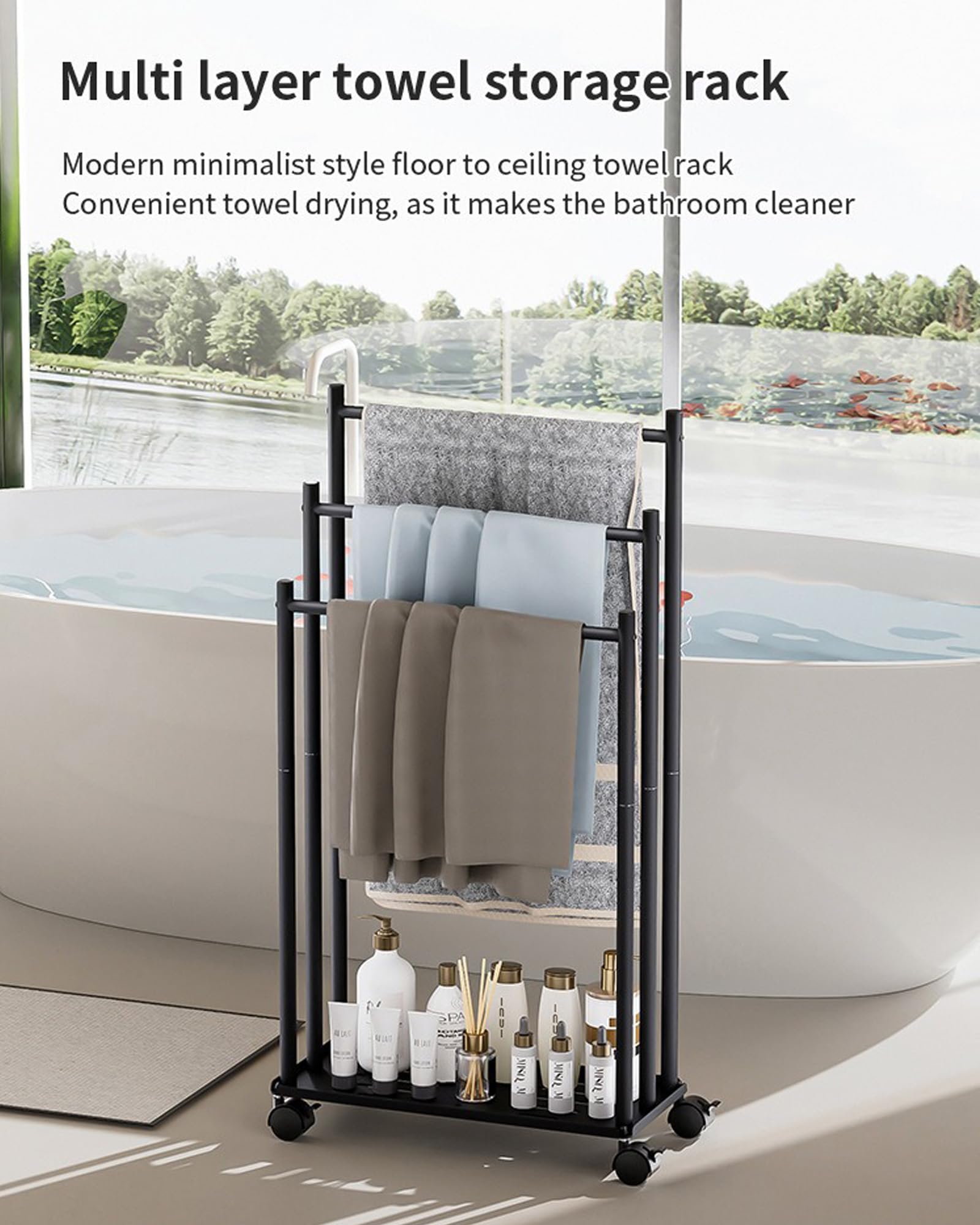 Toallero de Pie de 3 Niveles, Toallero Escalera con Estante y Ruedas, Ahorra Espacio, Material Metálico, Toallero de Piscina para Exteriores, para Baños, Salón, Negro