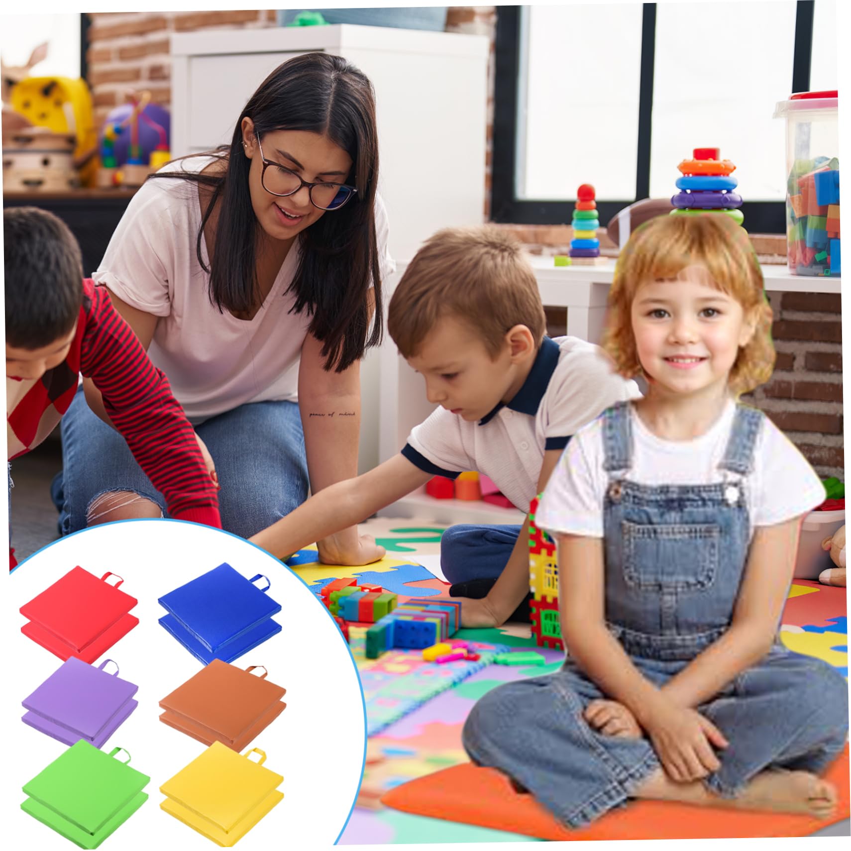Cuscini per pavimenti per classe, cuscini per pavimenti da 12 pezzi da 12 pollici con maniglia, sedili a sedere flessibili morbidi per bambini, asilo nido, in età prescolare (6 colori)