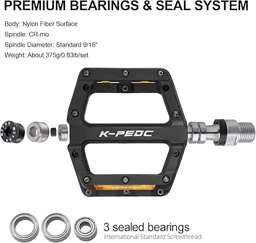 Miniatura 6 de Pedales de bicicleta de montaña con reflectores, pedales de carreteraMTB, pedales de plataforma de fibra de nailon ligero de 916 pulgadas para BMX