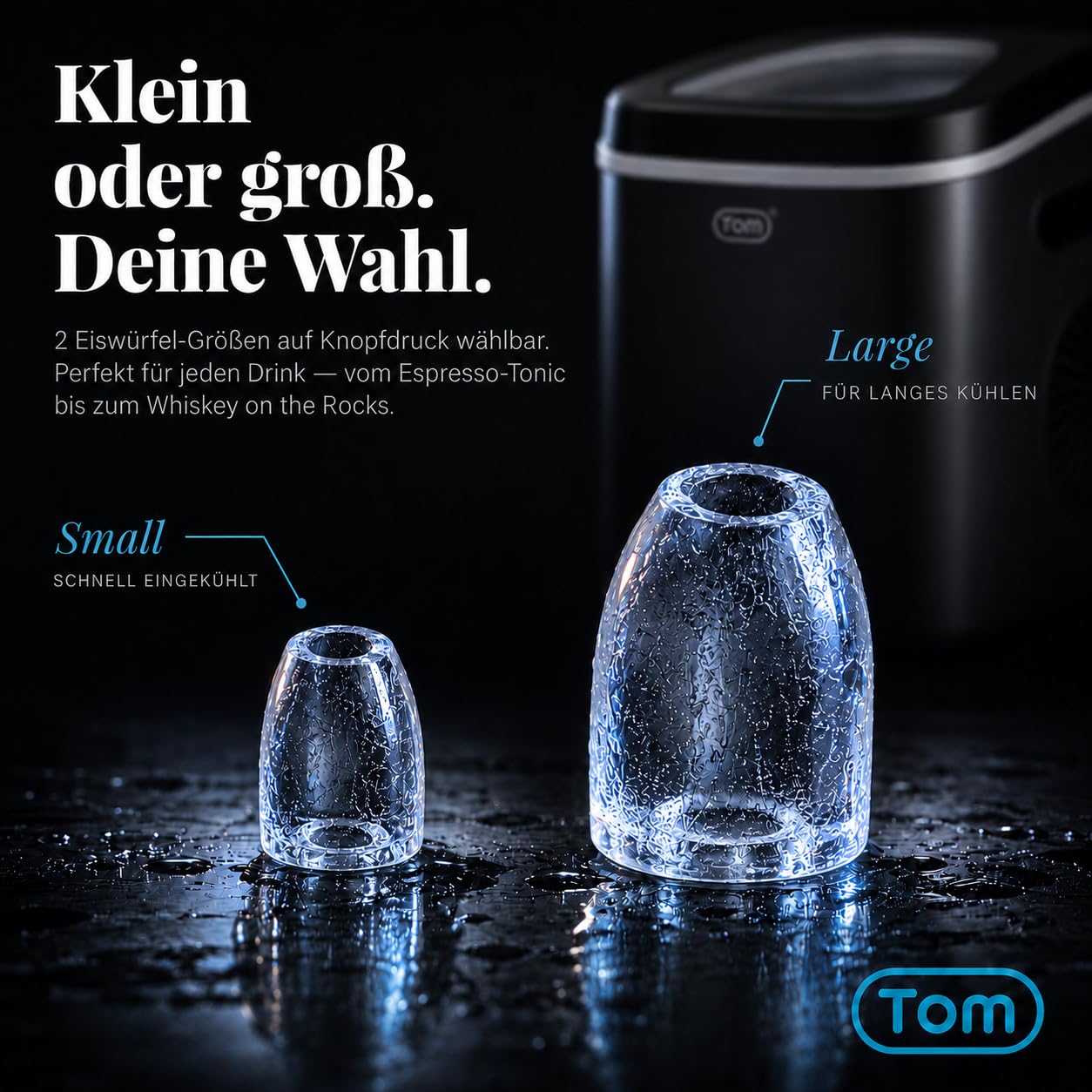 TOM Eiswürfelmaschine – 9 Eiswürfel in 6-8 min – 12 kg/24 h – 2 Würfelgrößen – Ice maker Eiswürfelmacher mit 1,3 l Wassertank – LED-Display – Inkl. Zubehör & Eiszange als Geschenk – Eiswürfelmaschine