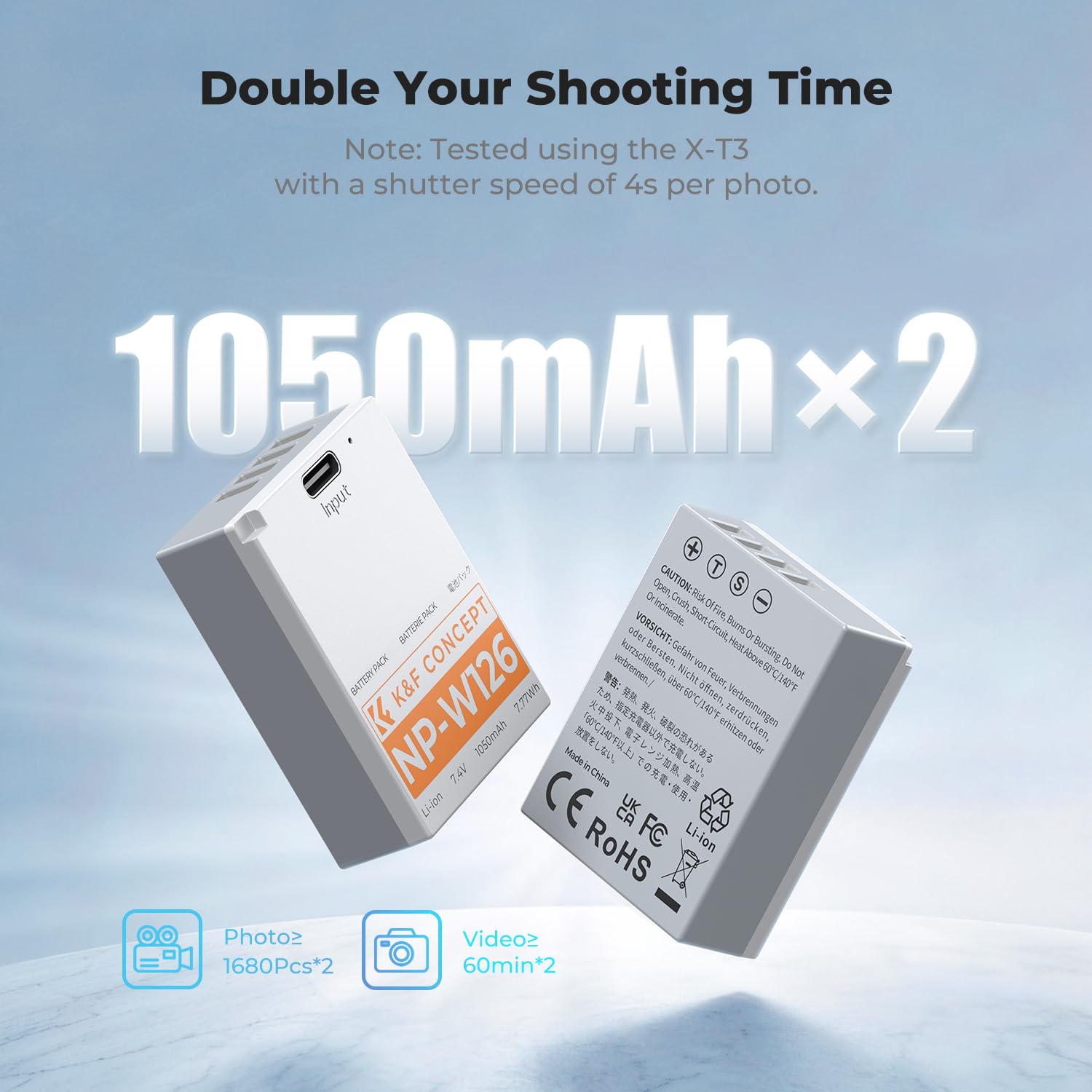 Akumulator NP-W126S firmy K&F CONCEPT o pojemności 1050 mAh z portem USB-C, kompatybilny z aparatami Fujifilm X Half, X100VI, X100V, XS10, XT30, XT30 III/II, XT20, XE4, XE5, A5, zestaw 2 akumulatorów