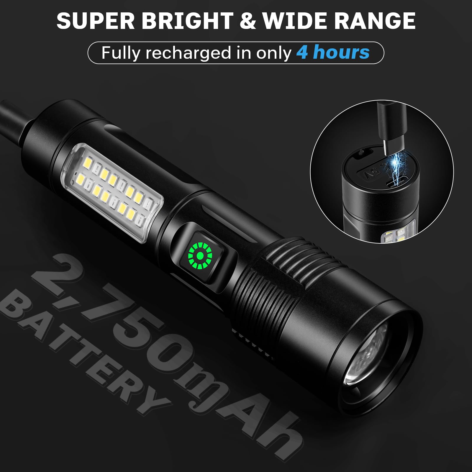 Paquete de 2 linternas recargables, luz de flash súper brillante de alto lúmenes, 6 modos de linterna, potentes linternas LED de mano para acampar en casa