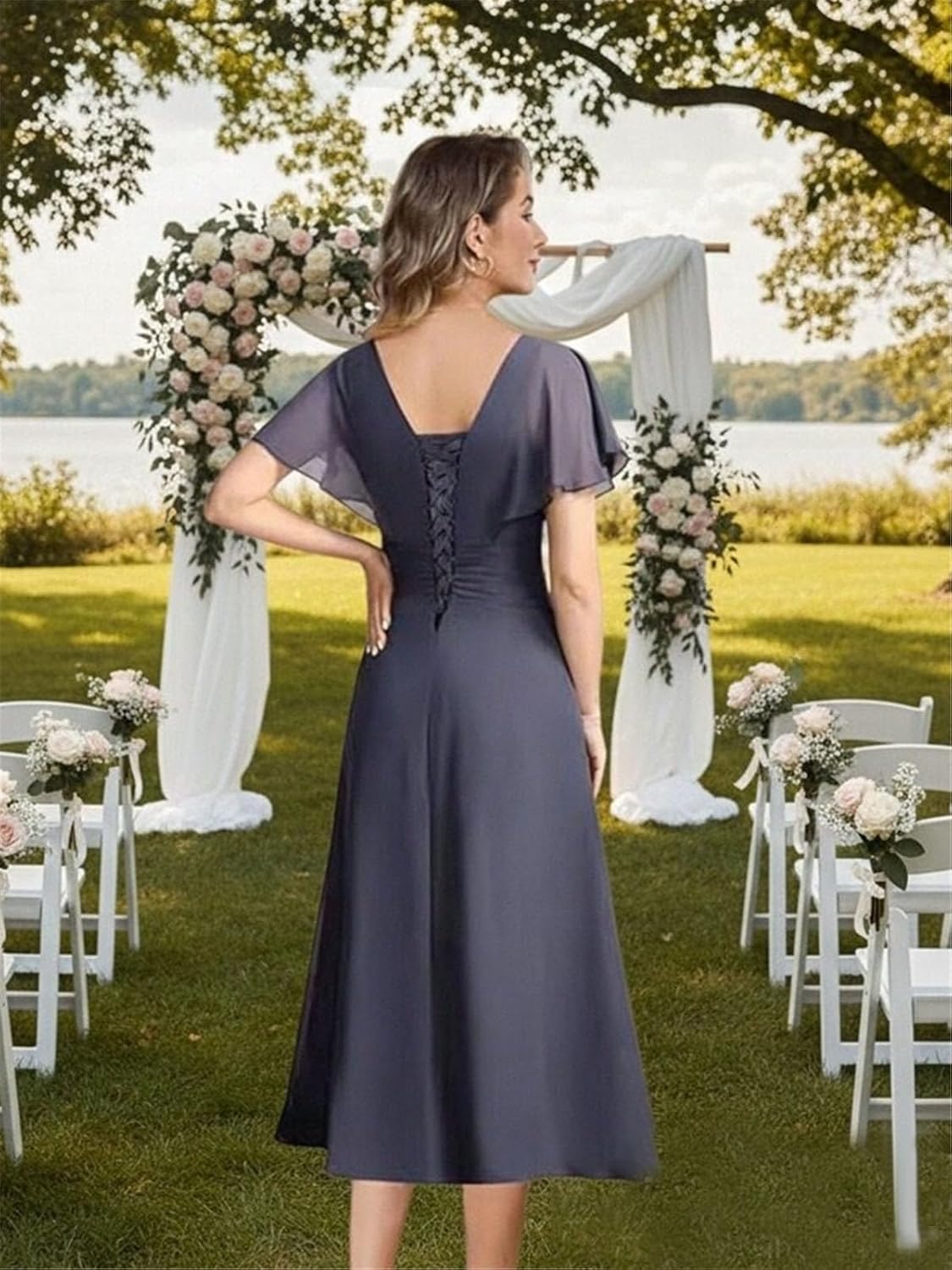 A Line Chiffon Mother of The Bride Dresses Tea Length Short Sleeve V Neck Bead Pleated Ruched Mother Dress
