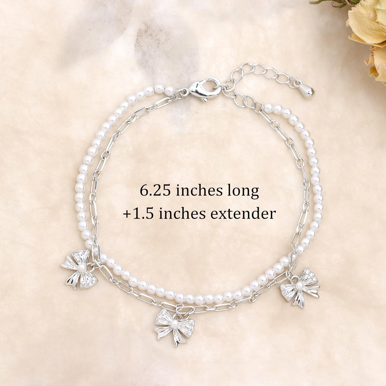 Gold Silver Heart Star Bow Rhinestone Link Bracelet for Women, Handmade Adjustable Pearl Stackable Chain Bracelets Prom Fashion Jewelry Accessories Gift - Image 3