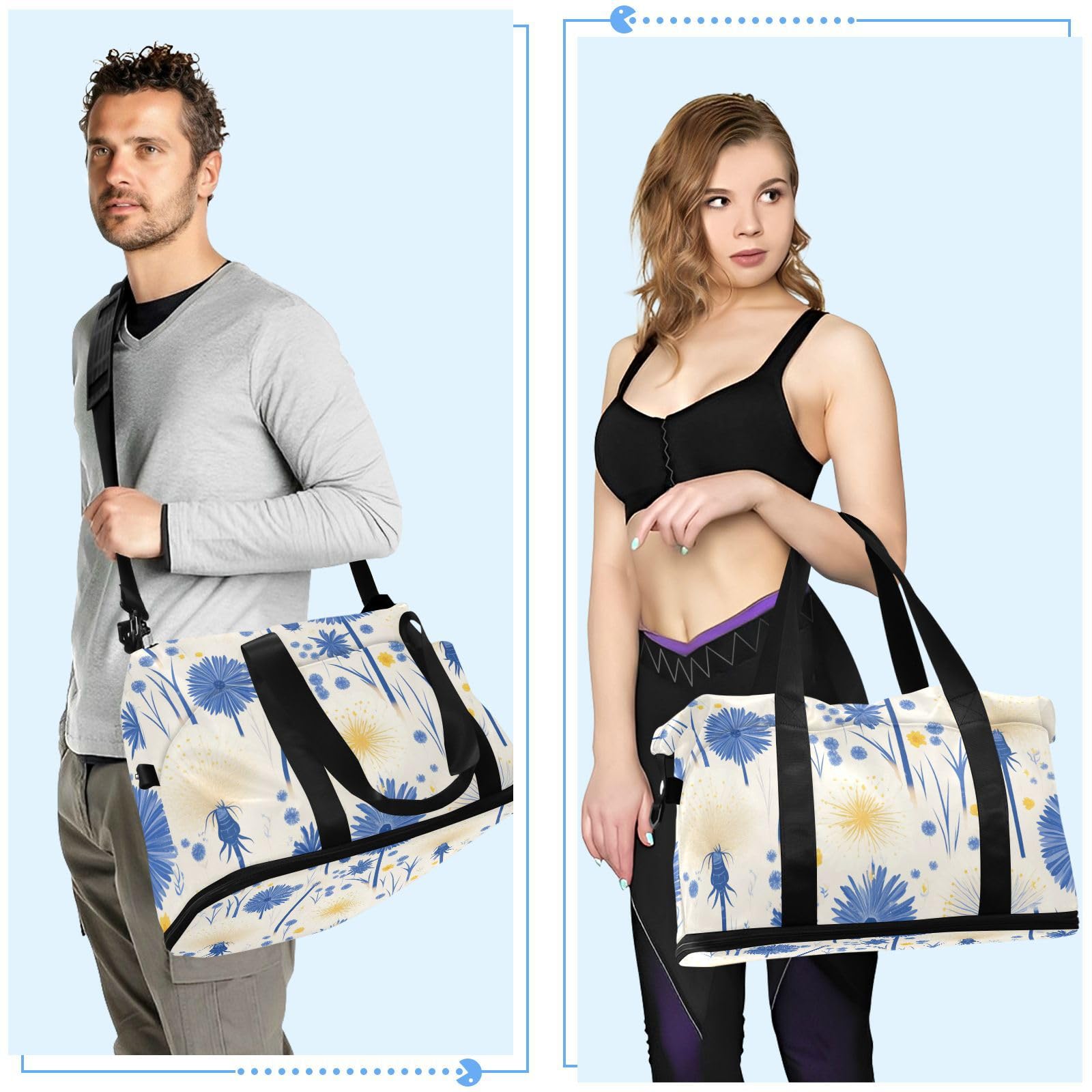 Borsa da palestra blu bianca con fiore di tarassaco chic con tasca bagnata tracolla regolabile borsa da palestra per escursionismo grande capacità per uomini donne