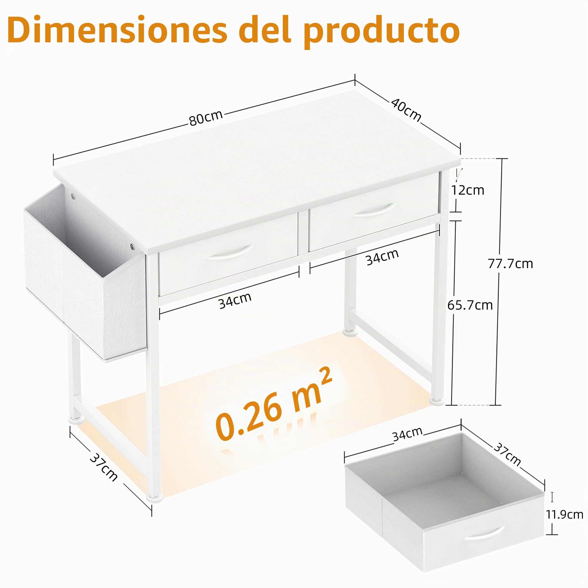 CAIYUN Escritorio pequeño con cajones de tela, 81,3 cm, tocador para dormitorio, oficina en casa, escritorio de ordenador para espacios pequeños, mesa de trabajo moderna y portátil con bolsa de