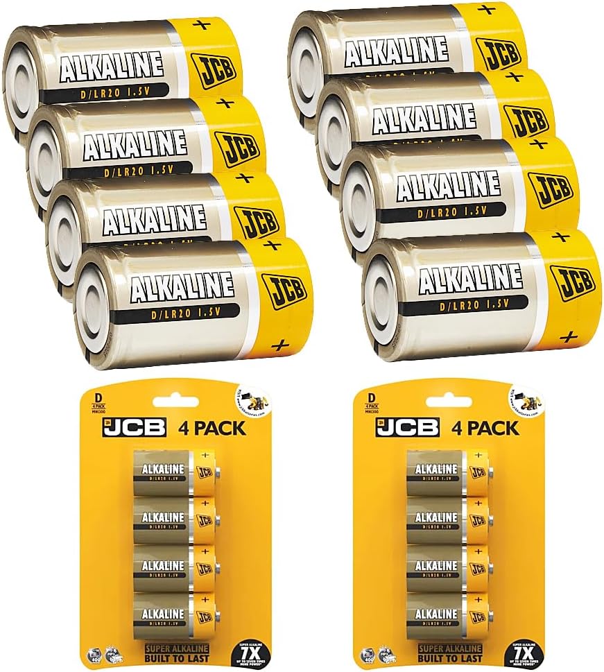 D Batteries, JCB 8 Pack - Super Alkaline Size D batteries 7x Lasting LR20 MN1300 Battery 1.5v For any devices | toys | fairy lights | household remotes applications | Flashlights | Clocks |
