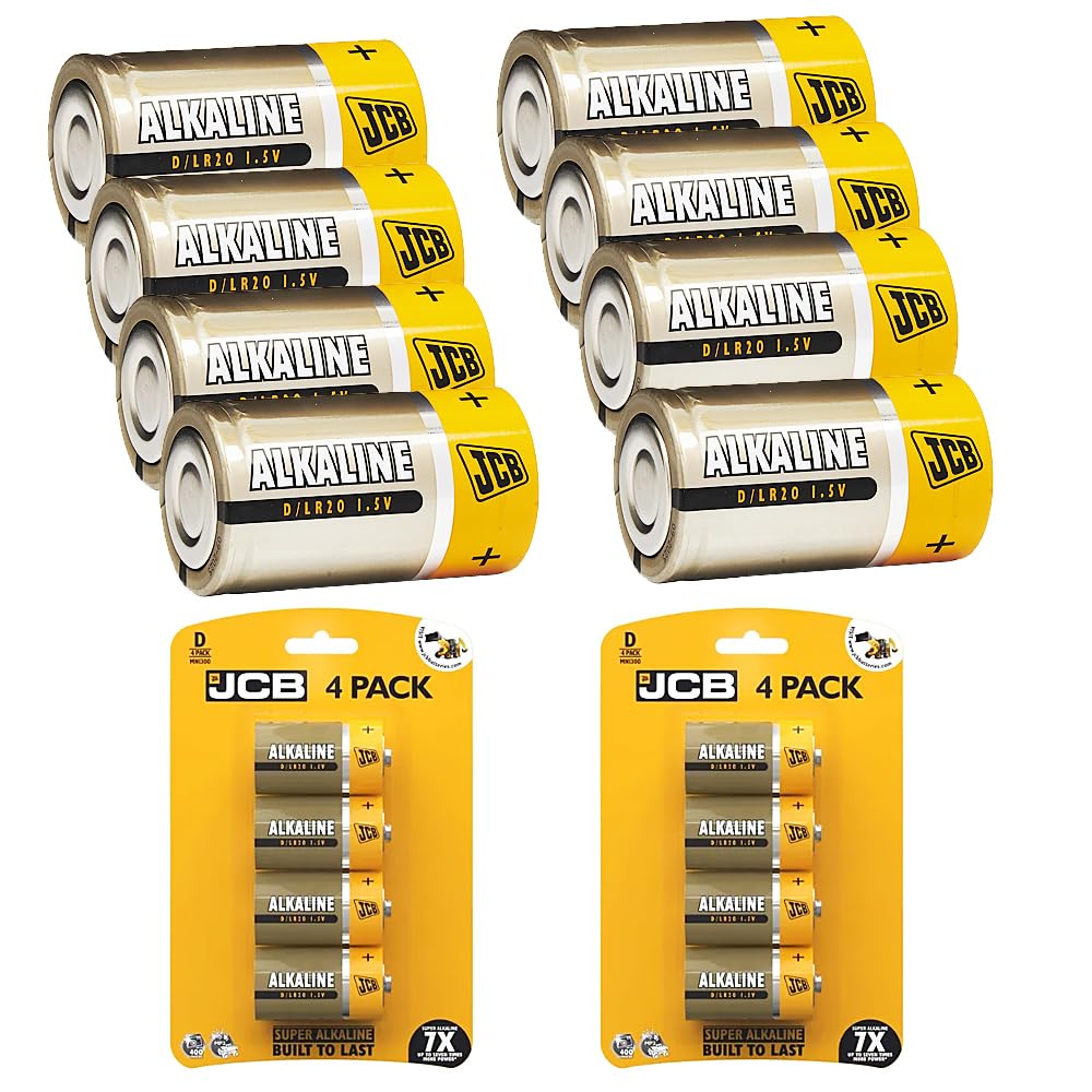 D Batteries, JCB 8 Pack - Super Alkaline Size D batteries 7x Lasting LR20 MN1300 Battery 1.5v For any devices | toys | fairy lights | household remotes applications | Flashlights | Clocks |