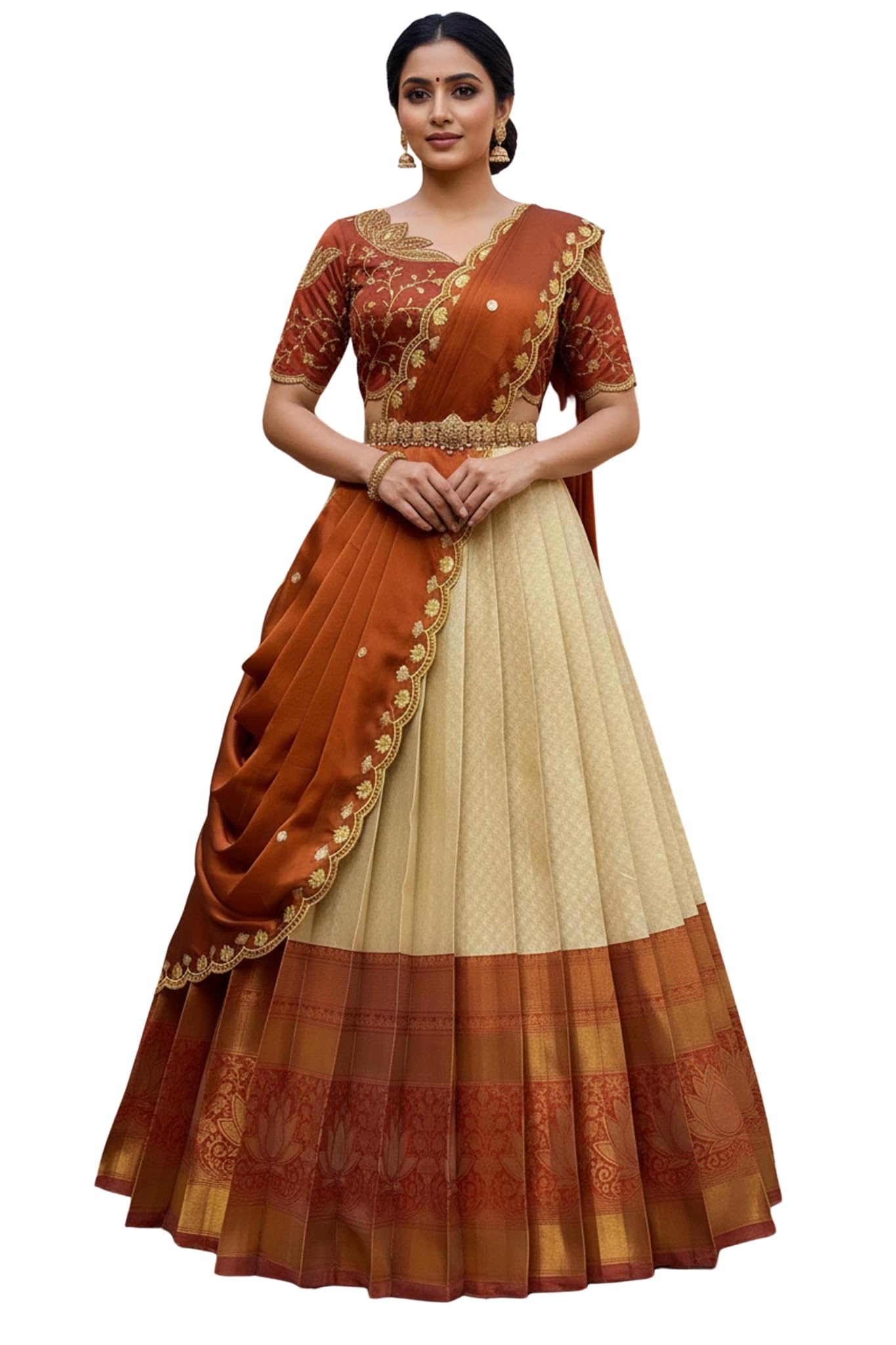 Beautiful South Indian Style Unstitch Lehenga Choli Half Saree with Embroidery Blouse and Dupatta for Women | PL254-image-22