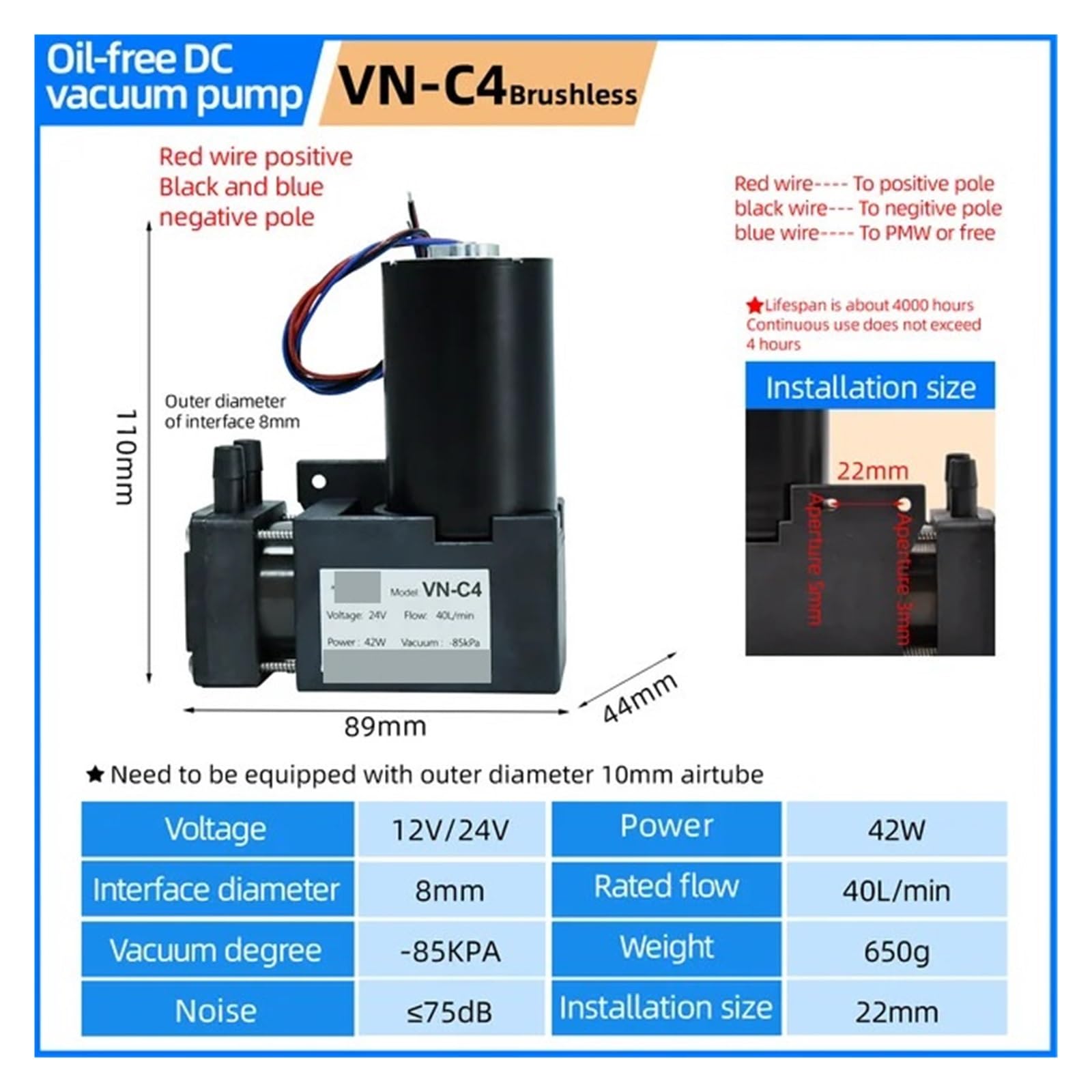 -85kpa ​​40L/min Mini bomba de vacío CC 12V 24V, bomba de vacío pequeña con ventosa de pistón de presión negativa,Resistente a productos químicos(VN-C4 Brushless,DC24)