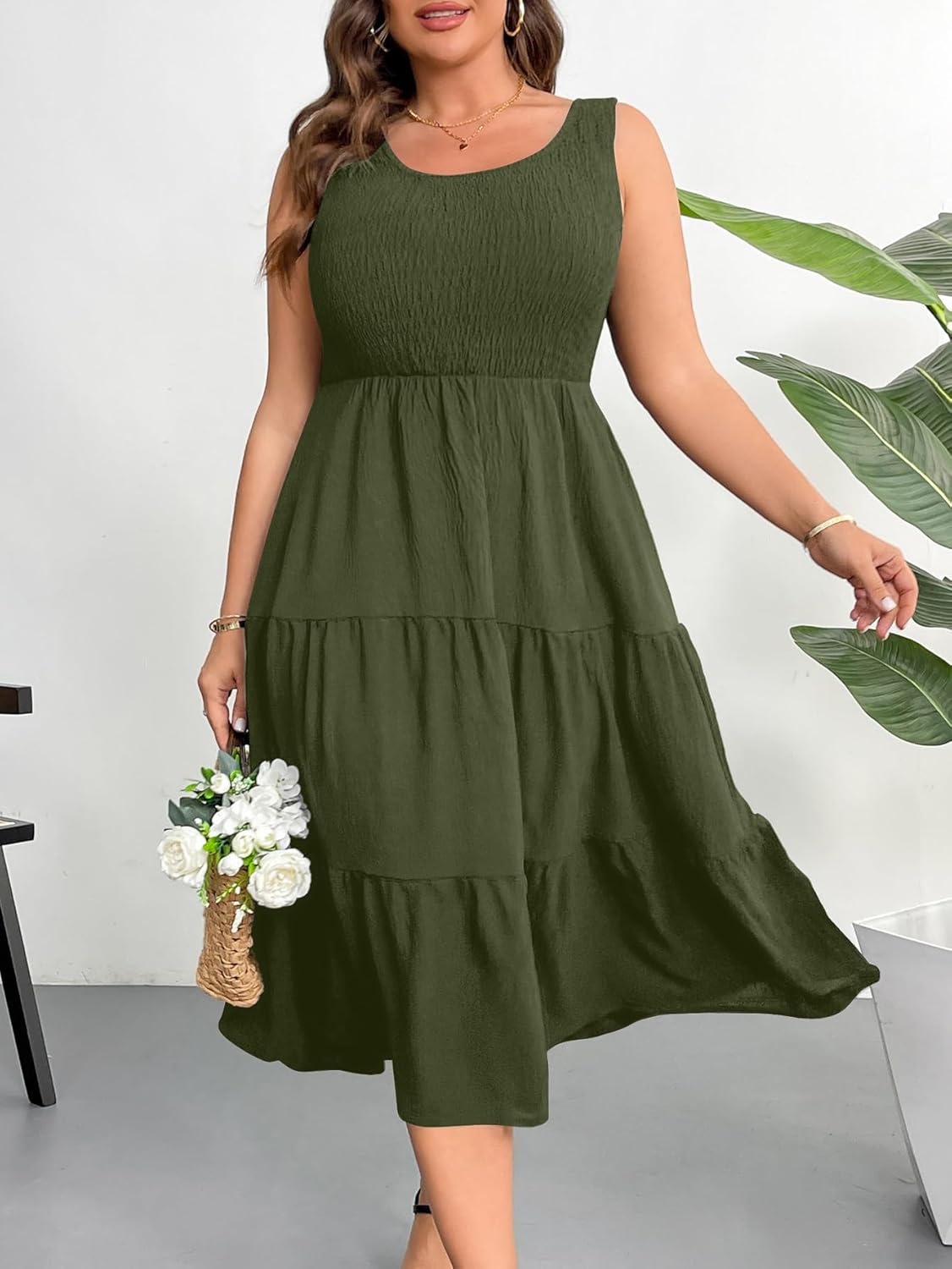 RWJ Plus Size Summer Sleeveless Tank Dress for Women 2025 Smocked Casual Loose Sundress Flowy Beach Tiered Long Midi Dresses - Image 4