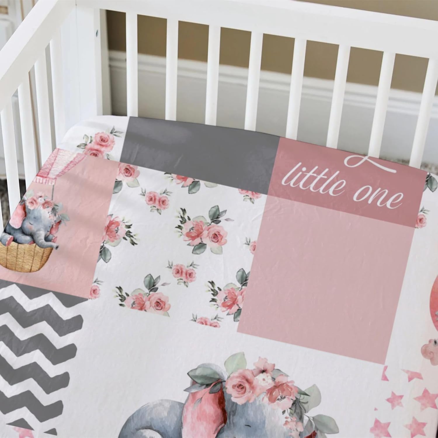 HawSkgFub Pink Sleeping Elephant Flower Fitted Standard Crib Sheet for Baby Girl, Dream Big Little One Patchwork Toddler Mattress Cover, Soft Stretchy Nursery Bed Sheets Decor Kids Gift 52" x 28"