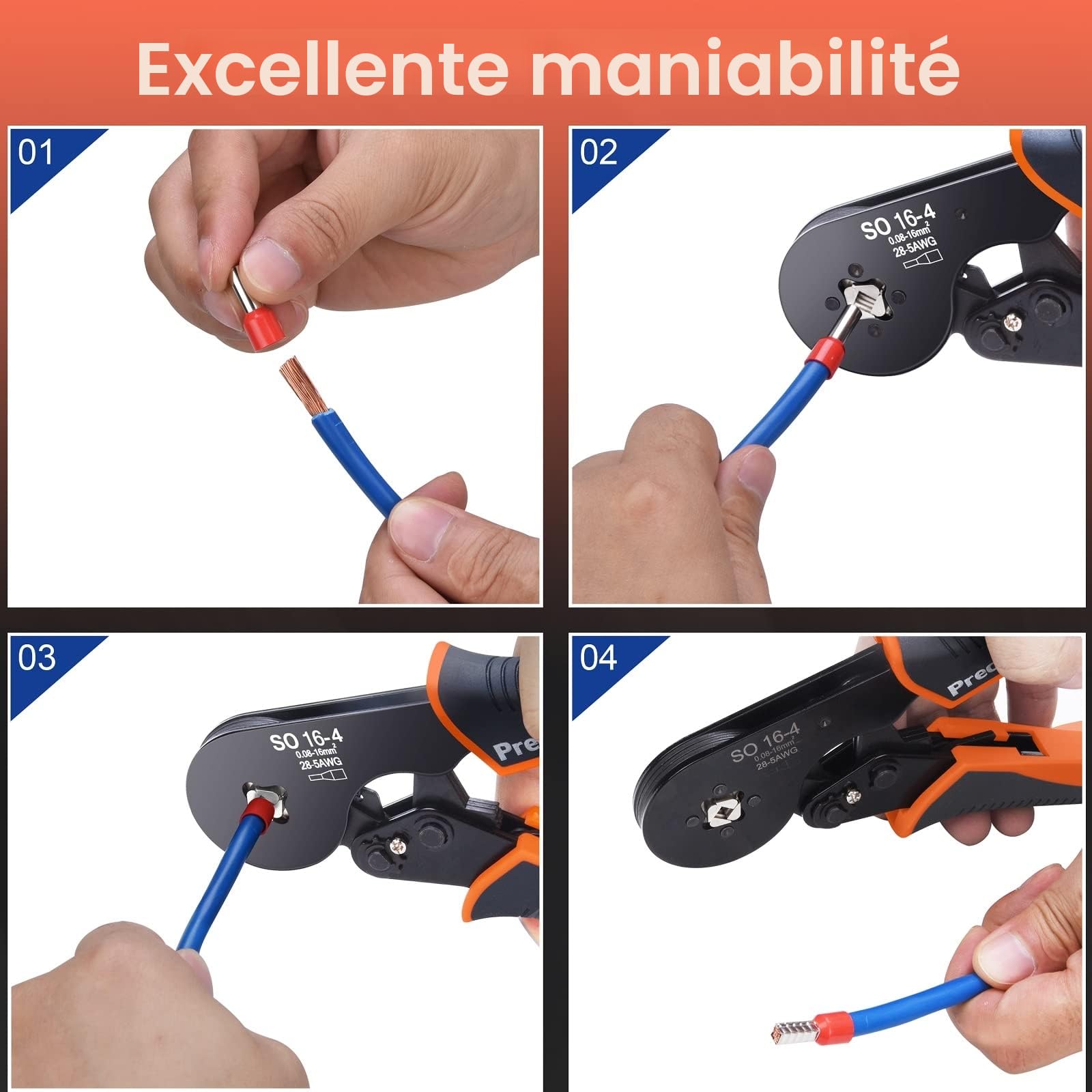 0.08-16mm² Pince a Sertir, avec Cosse Electrique 1200pcs, Orange, Gris, Noir Preciva AWG 28-5 Pince à Sertir, Cliquet Auto-Adjuvsable, Sertissage Précis