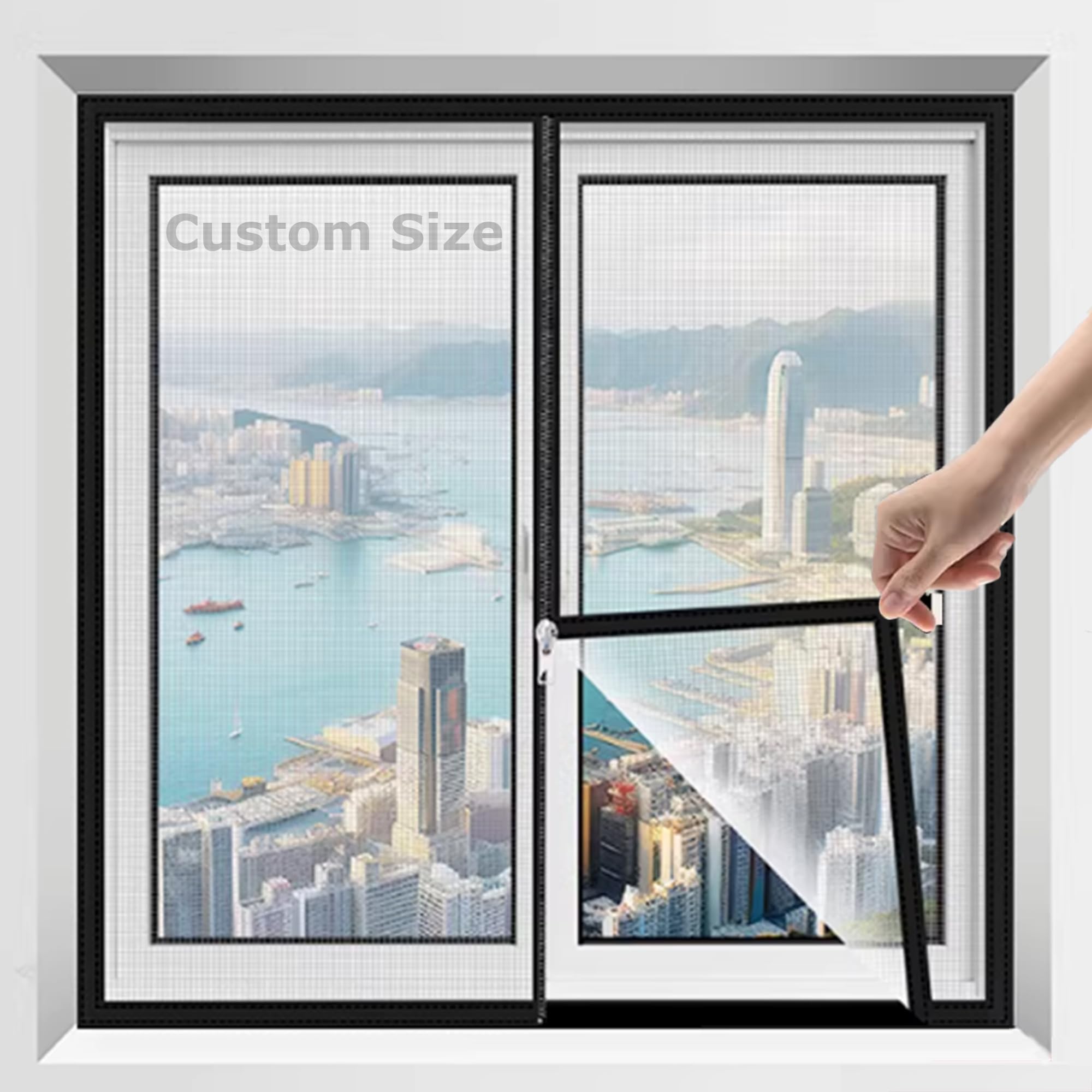 Fly Screen for Windows with Double Zipper, Self-Adhesive Window Screen Mesh, Semi-Transparent Insect Mesh Mosquito Bug Net, Indoor Cat Safety Netting