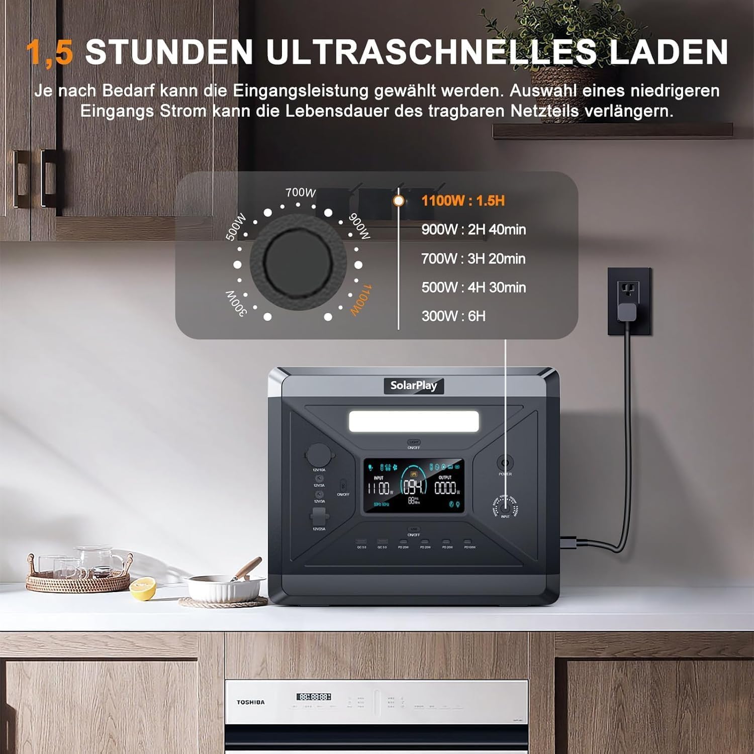 SOLARPLAY Stazione elettrica portatile Generatore Solare, 230V, con 12 connettori di Uscita, LiFePO4, UPS, per il campeggio (Q2501+Ferroso)
