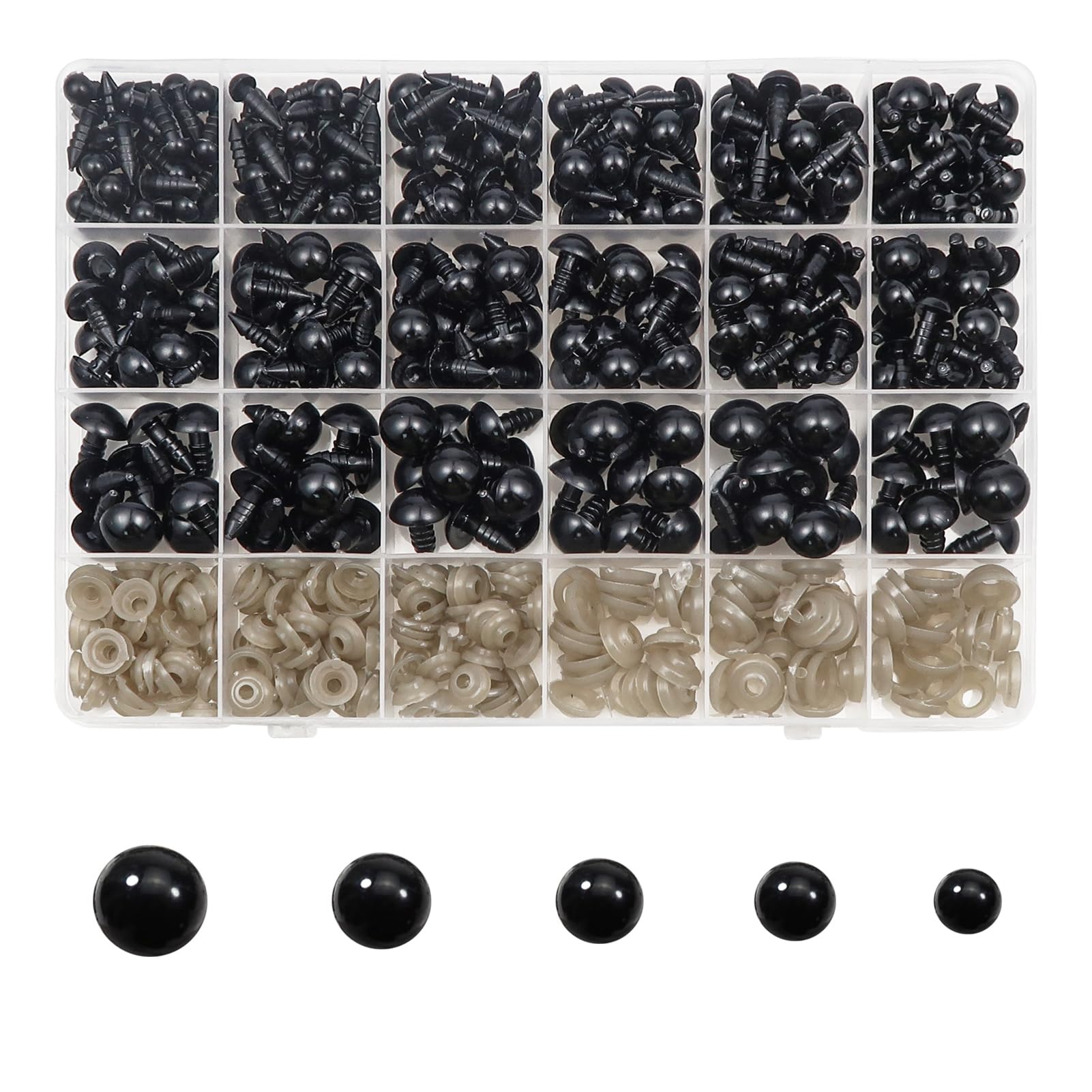 TOAOB 150pcs Safety Eyes for Amigurumis with Washers 6mm to 12mm Plastic Crochet Black Craft Doll Eyes for Crocheting Stuffed Animals Bears Toys Doll Making