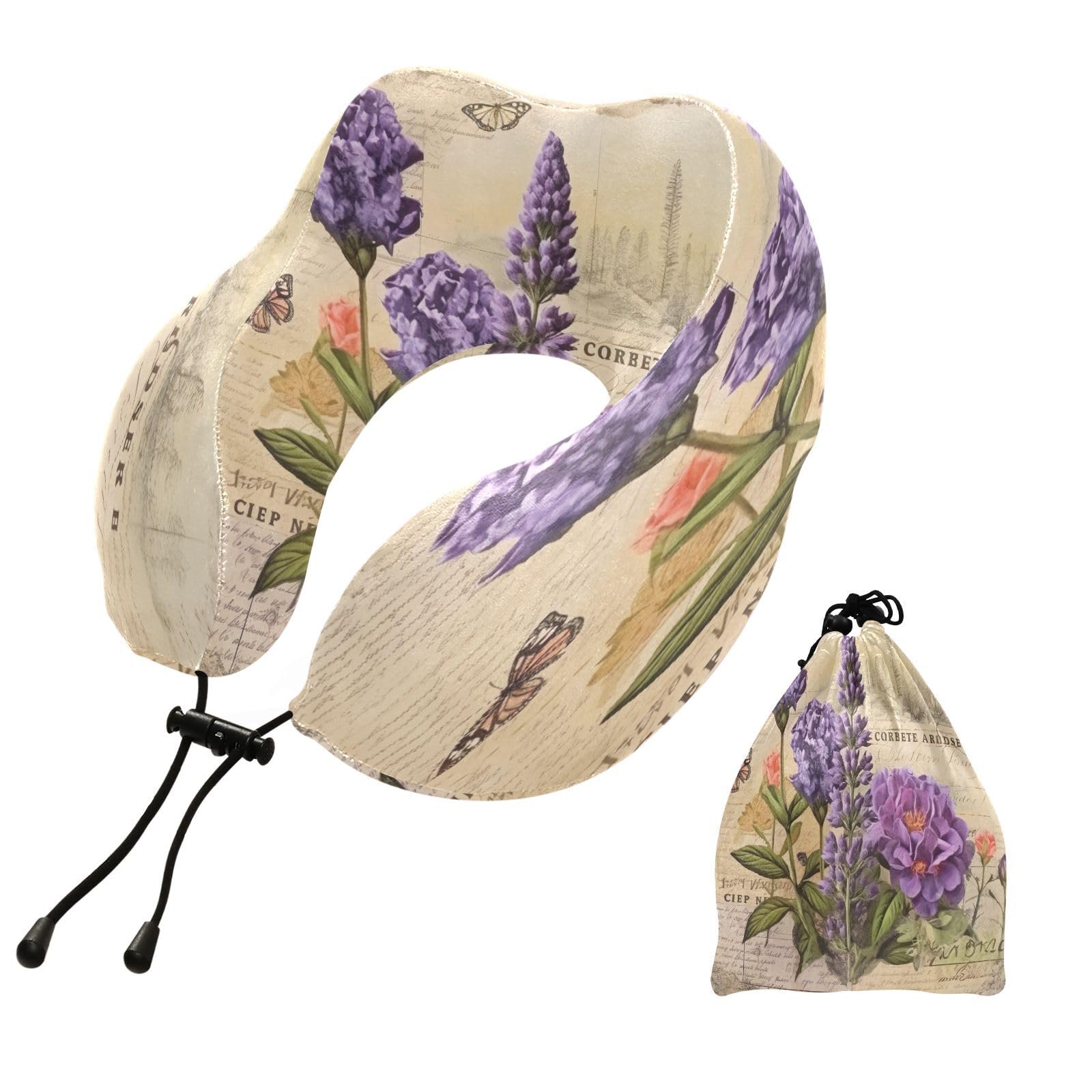 Nesatuwa Lavender Travel Pillow Soft Memory Foam Neck Support Airplane Pillow with Adjustable Clasp Portable Travel Pillow