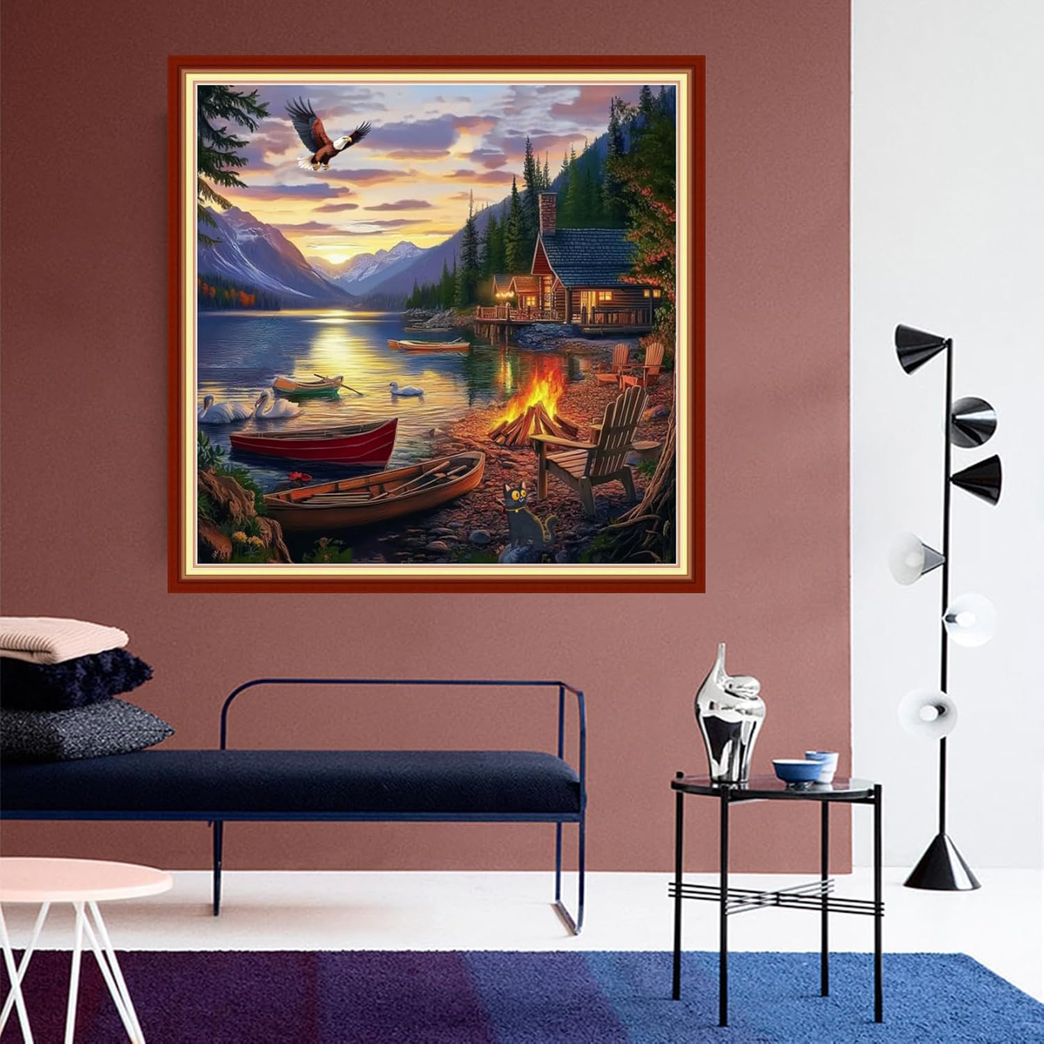 DMCVIVR Stamped Cross Stitch Kits for Beginners Adults Needlepoint Kits for Beginners Embroidery Kits for Adults Crossstitch Kit for Beginners 11CT-Night View by the Lake 18x18 inchs