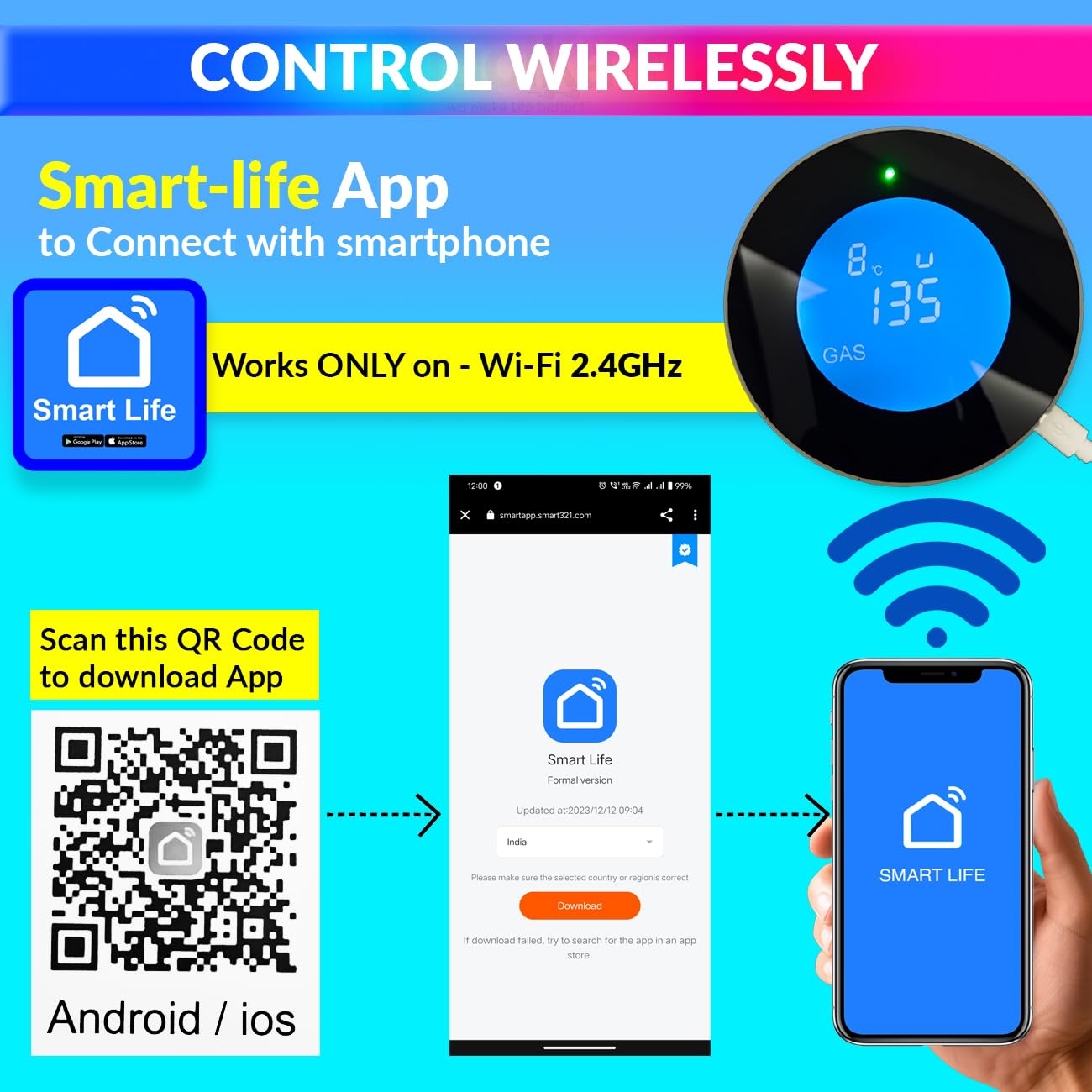 amiciSense WiFi Flammable Gas Leak Detector, SmartLife App Compatible LPG/Natural Gas Leak Alarm Sensor for Fire Security Protection 2
